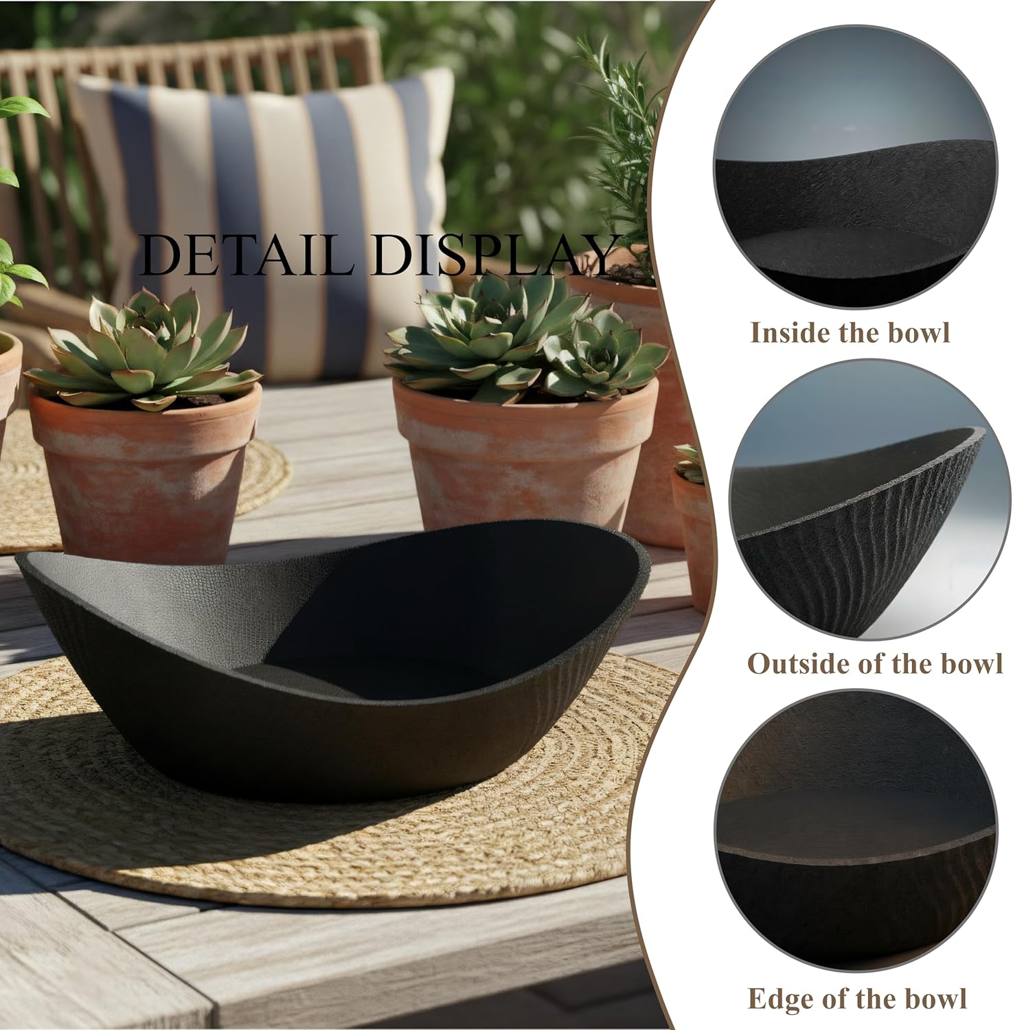 Concrete Fruit Bowl, Large Modern Meteorite Pattern Decorative Bowl for Kitchen Counter, Dining Table & Home Decor,Sturdy Centerpiece for Fruit, Keys, Candy, Unique Handmade Design (Black, 10.6")