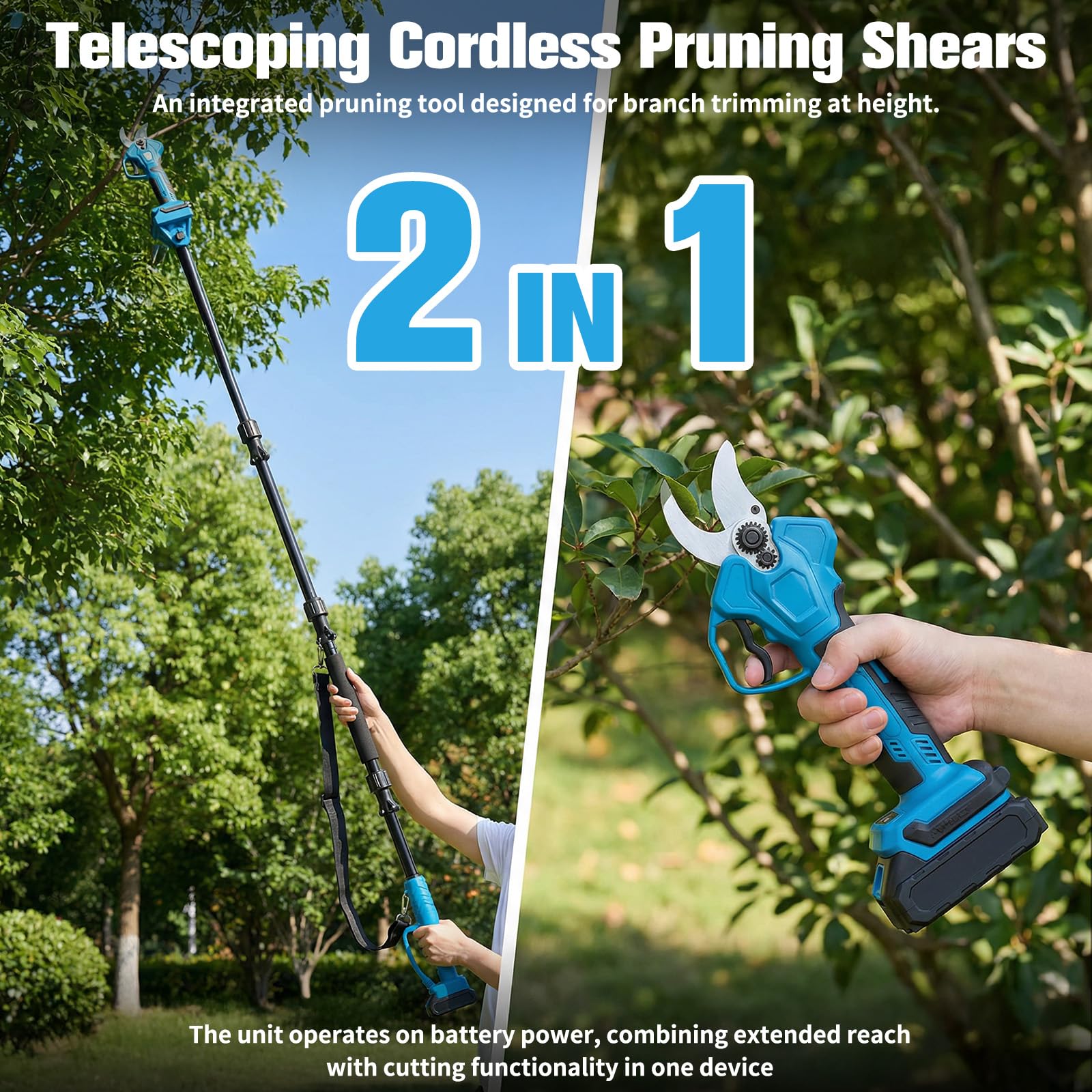 Akku Astschere mit 2m Teleskopstiel Kompatibel mit Makita 18 v, Elektrische Gartenschere mit LCD-Display, 65 mm Öffnung & max. 40 mm Schnittdurchmesser, für Baumschnitt & Obstbaumpflege (ohne Akku)