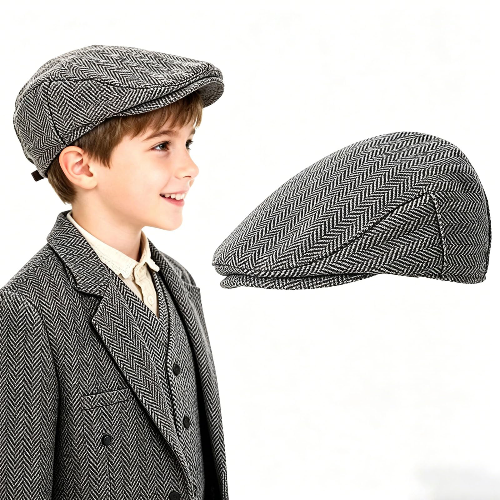 AffeGifts Kids Flat Cap Boys, Ve Day Kids Hat Victorian Costume Boys Vintage Tweed Newsboy Hat for 1940s Evacuee Costume Victorian Day Performance for Boy and Girls (Black White, 6-9 years)