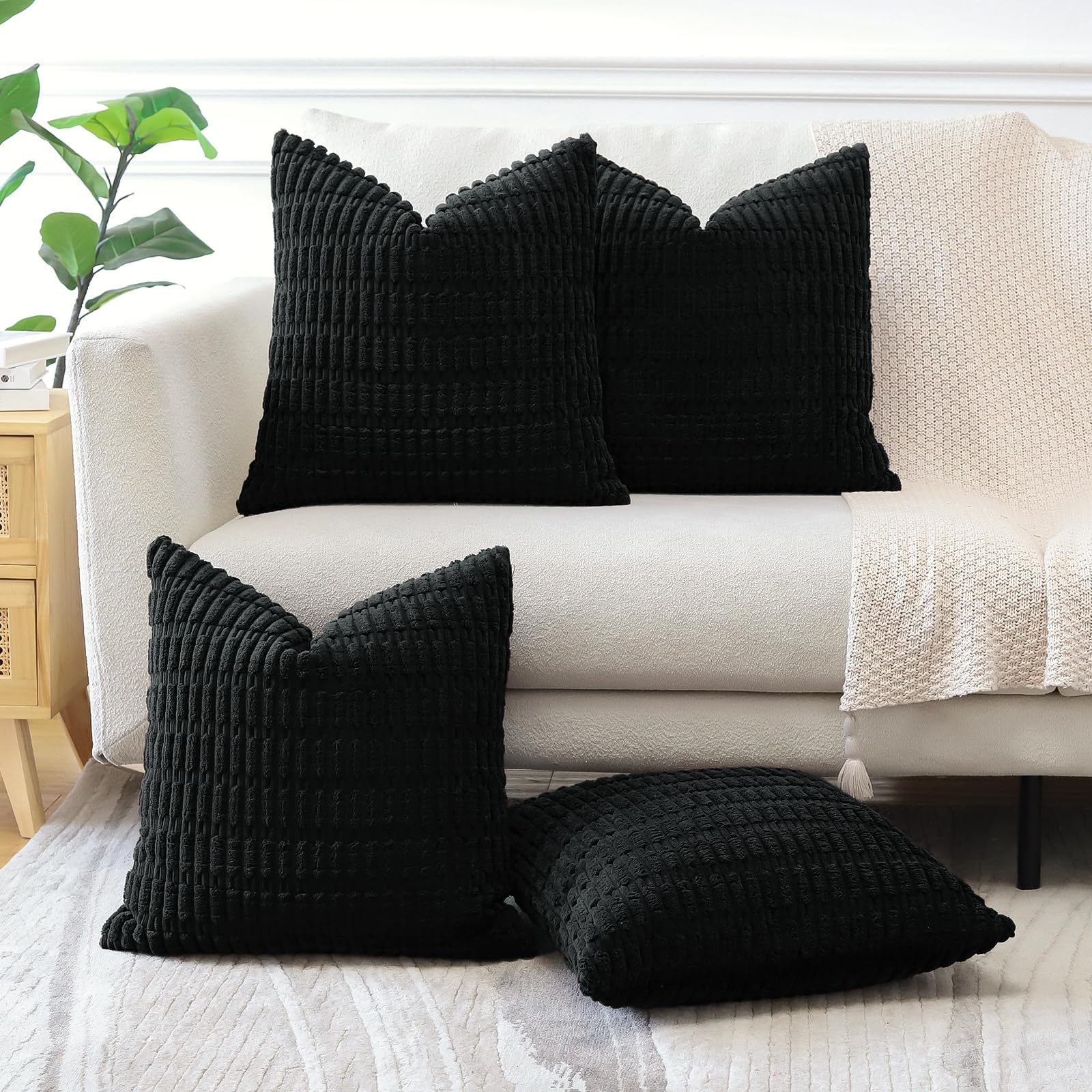Sungeek Set of 4 Soft Corduroy Decorative Cushion Covers 45x45cm Square Striped Throw Pillow Covers 18x18 Inch for Sofa Couch Living Room Patio Farmhouse Boho Home Decor Pillowcases (Black) - Image 3