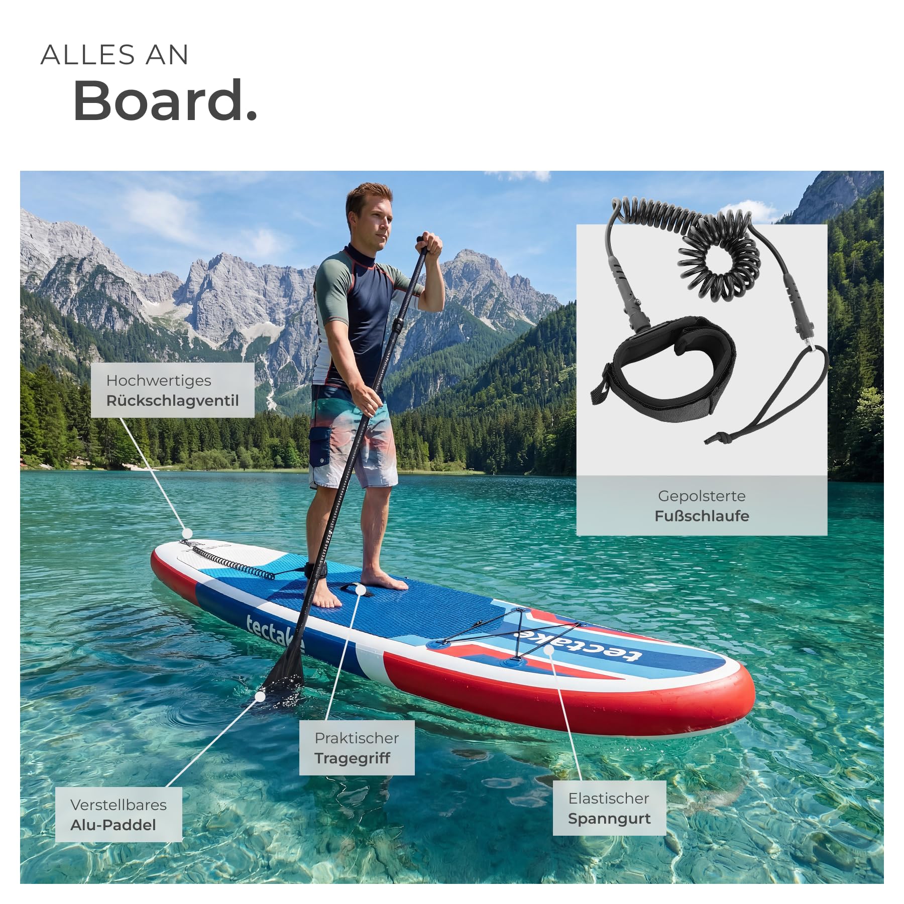 tectake® 2in1 Stand Up Paddle Board, mit Sitz als Kajak nutzbar, SUP aufblasbar, mit Pumpe, 3 Finnen, Rucksack, Doppelpaddel, Paddel, komplettes Zubehör, bis 200 kg belastbar - rot/blau
