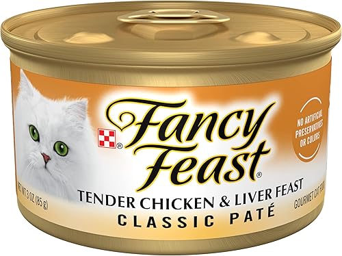 Purina Fancy Feast Alimento para gatos mojado sin grano de Paté, hígado tierno y banquete de pollo - 3 oz. Latas, paquete de 24