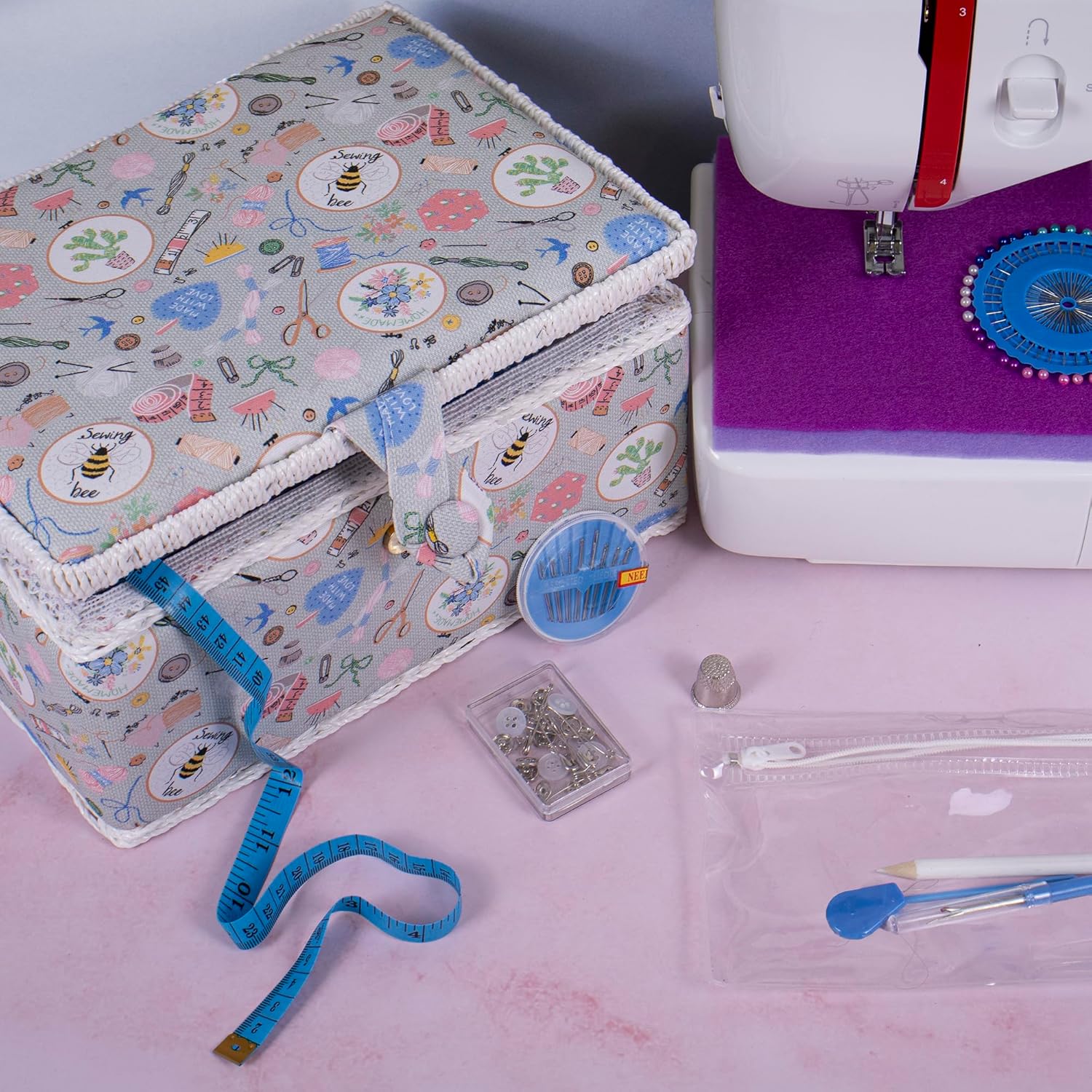 Hobby Gift Sewing Box with 94-Piece Sewing Kit Included, Fabric Covered Craft & Hobby Storage Box with Removable Tray
