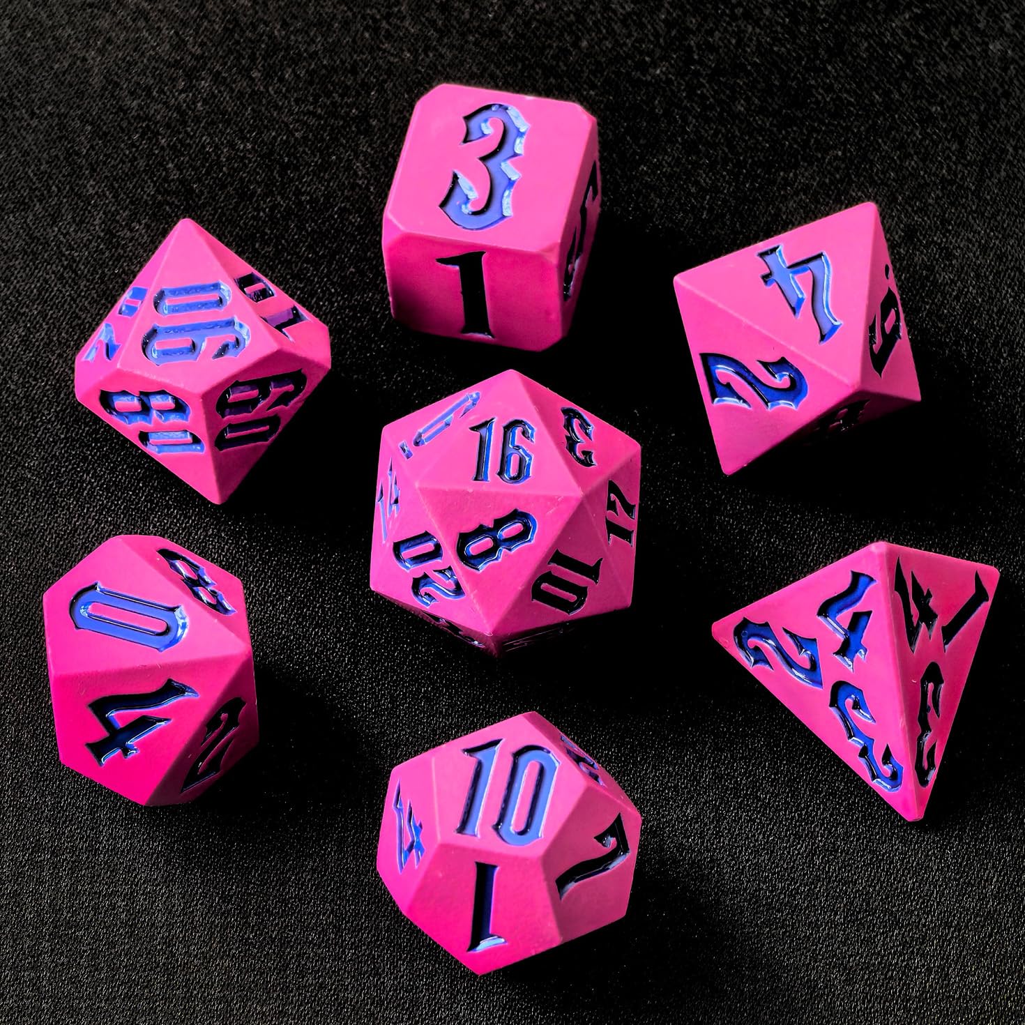 Bescon Fresh New Solid Metal Dice Set Deep Pink with Black Numbers,Metal Miniature Polyhedral Dice Set of 7 for Role Playing Games