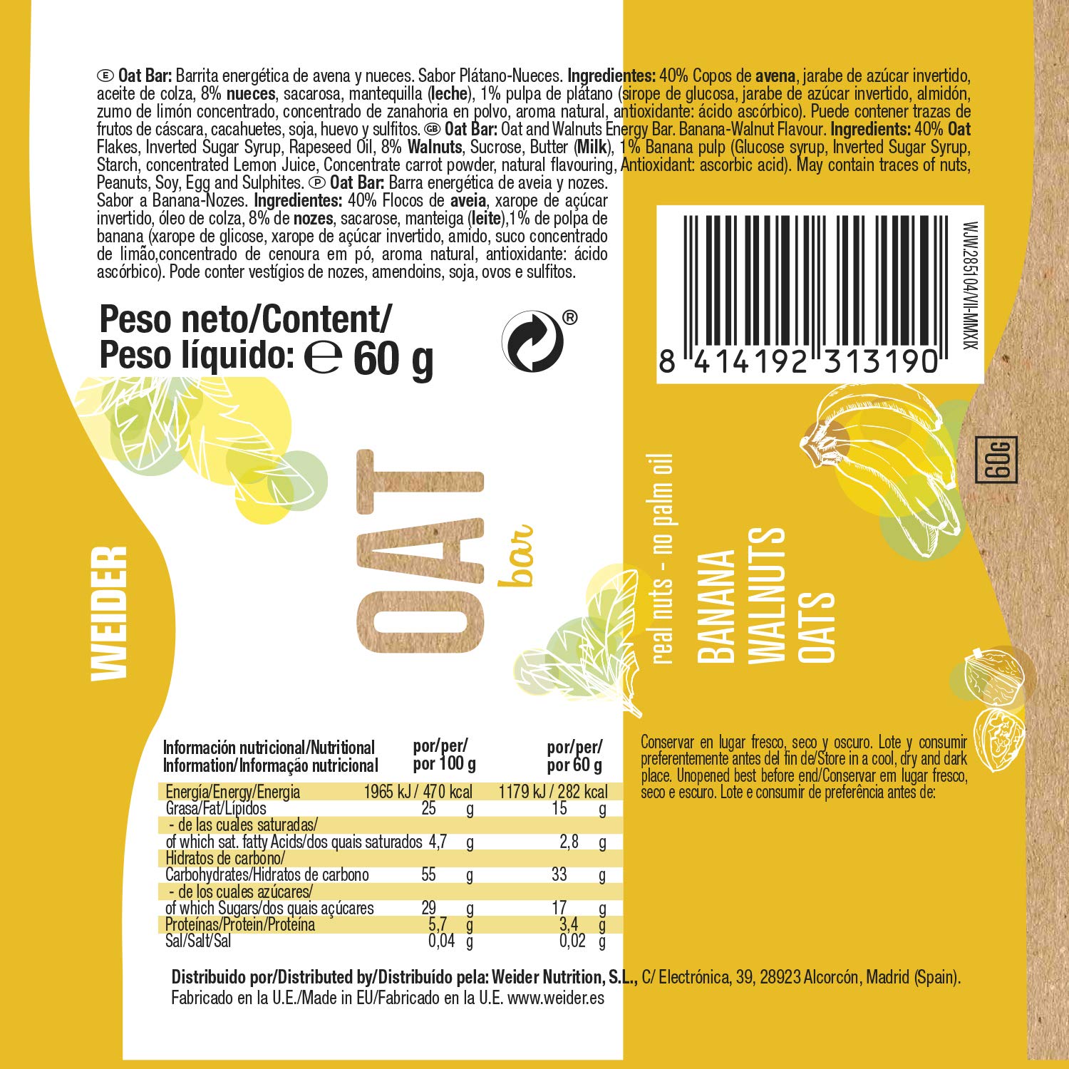OAT BAR Sabor Plátano, barrita de avena sin aceite de palma, 60 g