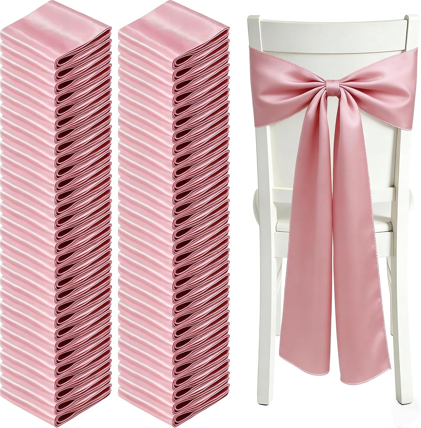 GLOBLELAND 60 Pcs Pink Satin Chair Sashes 110x6.7inch Chair Cover Bows Chairs Ribbon Bows for Wedding Reception Events Banquets Party Hotel Event Decorations