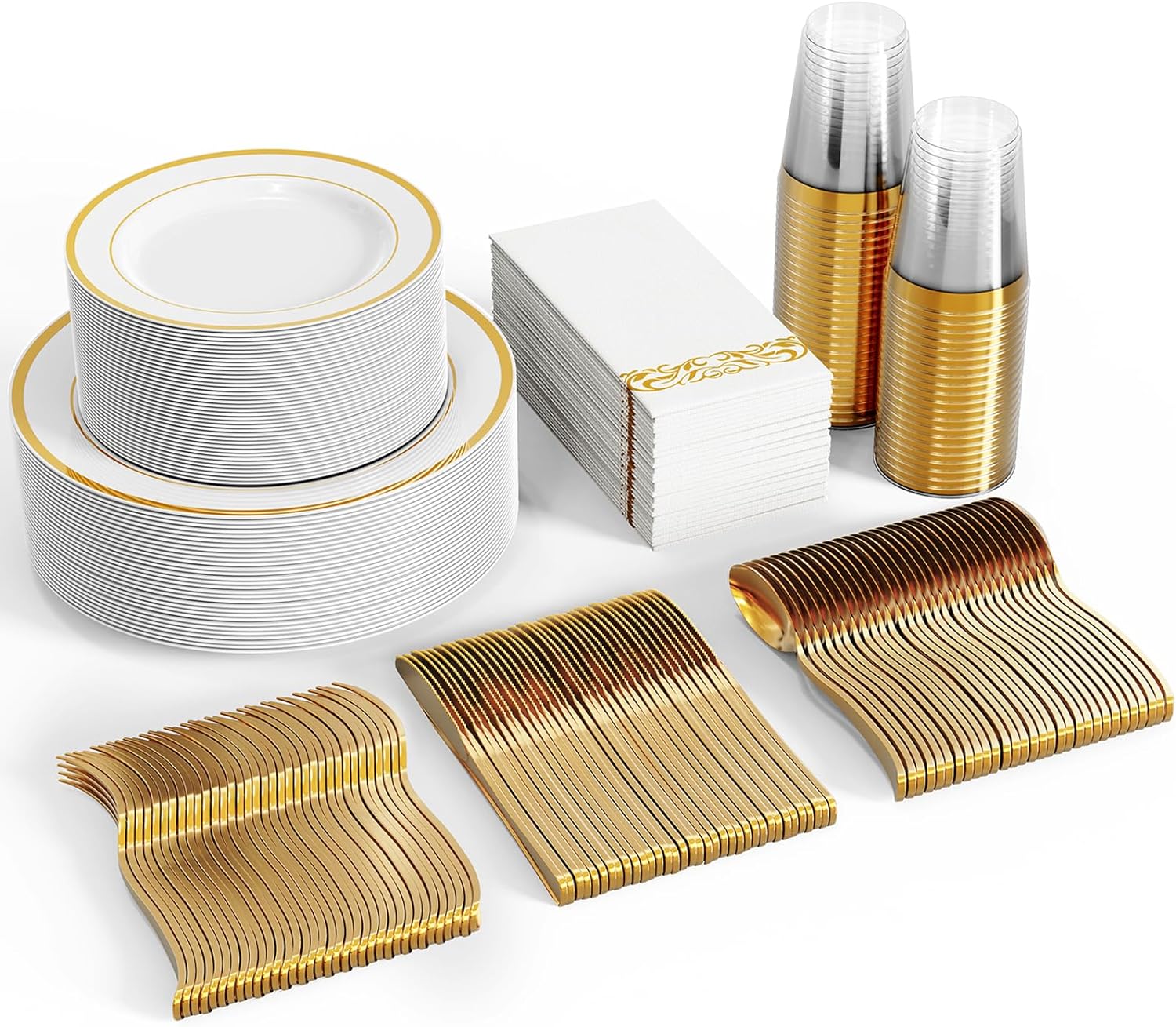 FOCUSLINE 350 Gold Dinnerware Set for 50 Guests, White and Gold Rim Plastic Plates Disposable Heavy Duty, Including 50 Dinner Plates, 50 Dessert Plates, 50 Cups, 50 Napkins, 50 Silverware Set FOCUSLINE 350 Gold Dinnerware Set for 50 Guests, White and Gold Rim Plastic Plates Disposable Heavy Duty, Including 50 Dinner Plates, 50 Dessert Plates, 50 Cups, 50 Napkins, 50 Silverware Set