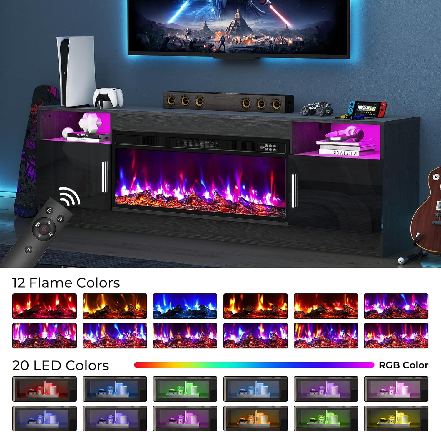 Fireplace TV Stand, 70 inch TV Stand with 36" Electric Fireplace, LED Light Entertainment Center with High Glossy Door, TV Console for Living Room, Black