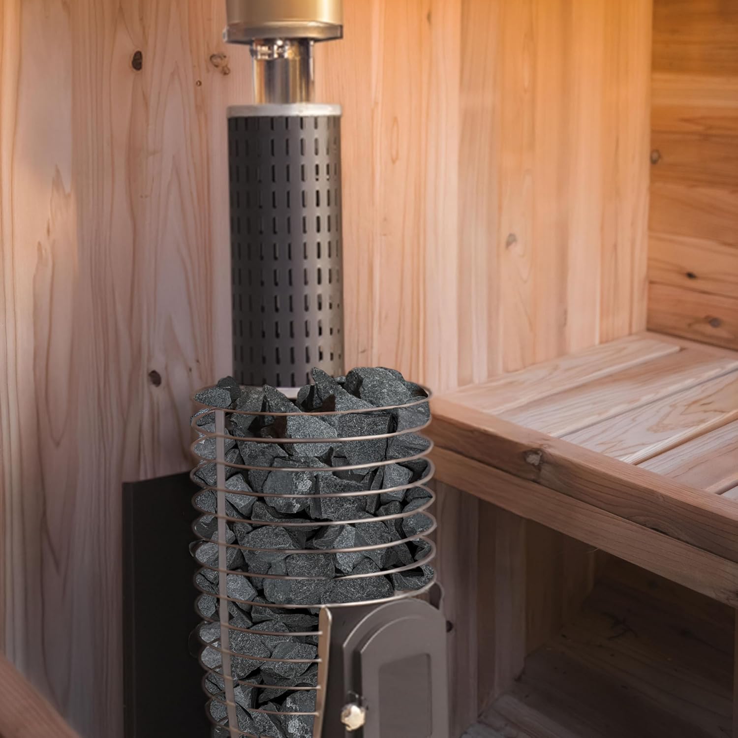 ALEKO Wood Burning Sauna Heater with Sealed Chimney Kit, 80 lb Stone Capacity, Heavy-Duty Steel Wood-Fired Stove for 318–530 Cu Ft Sauna Rooms, Heat Shield & Mounting Hardware Included