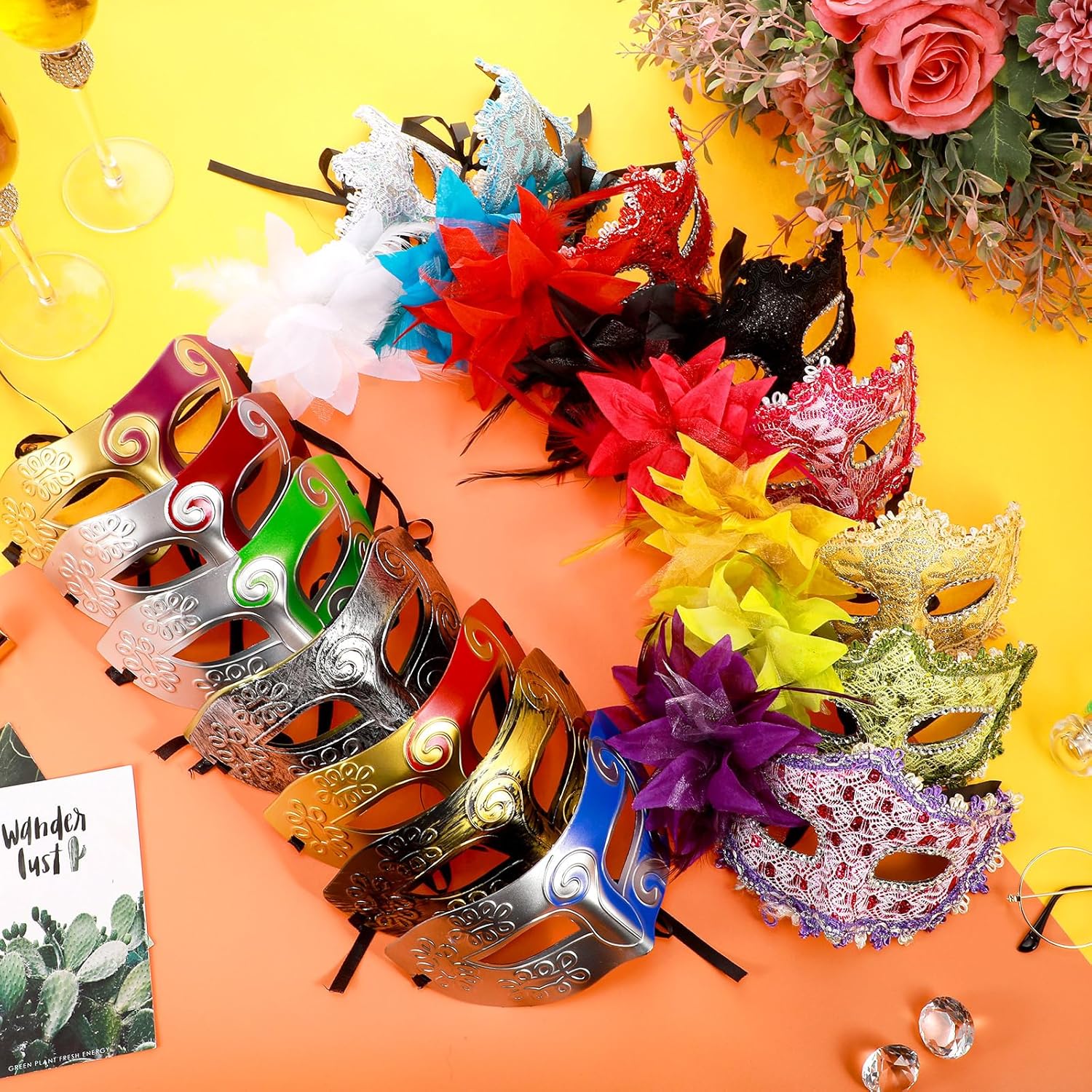 Sratte Mardi Gras Couple Masquerade Mask with Feather Flower Unisex Half Face Venetian Mask for Carnival Parade Valentine