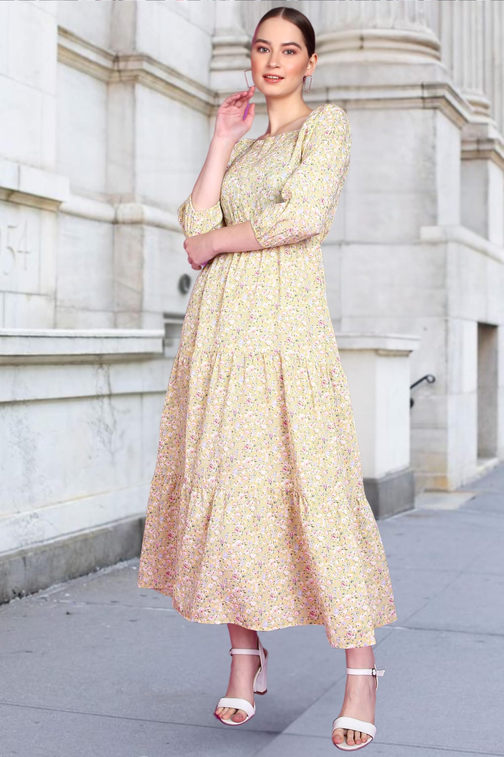 Popwings Polyester Fit And Flare Maxi Women Dress (B0Cgdhk7C6_Lemon Yellow