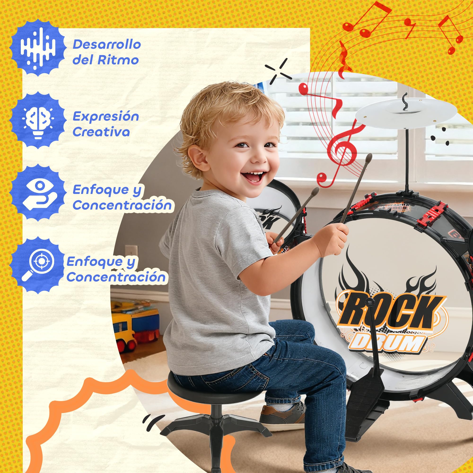 AIYAPLAY Batería Infantil con Taburete Tambores 59,5x31,5x59 cm Negro