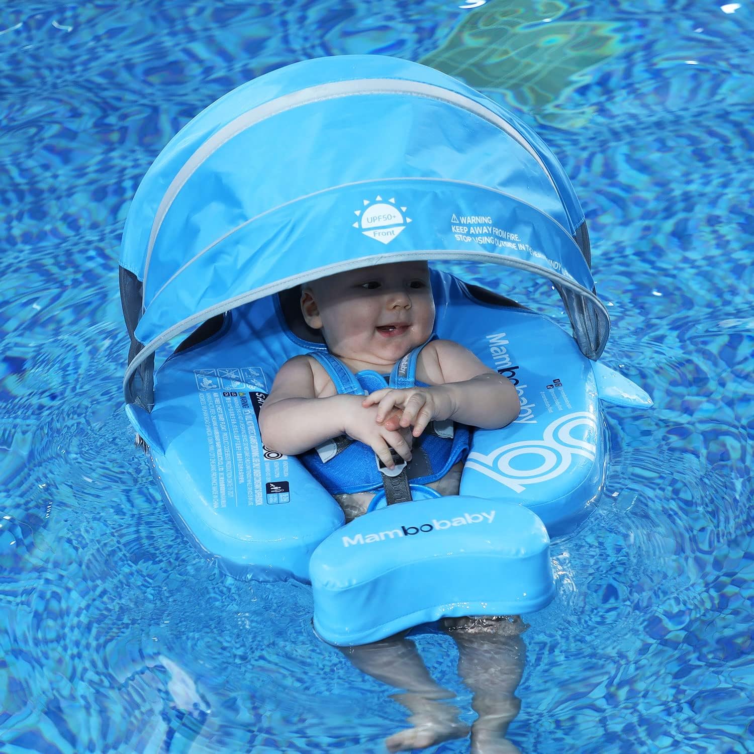 Mambobaby Float with Canopy Baby Pool Swimming Float Non-Inflatable for 3-24 Months Infant Float Swim Ring Upgrade Add Tail Avoid Flip Over Swim Trainer (Light Blue)