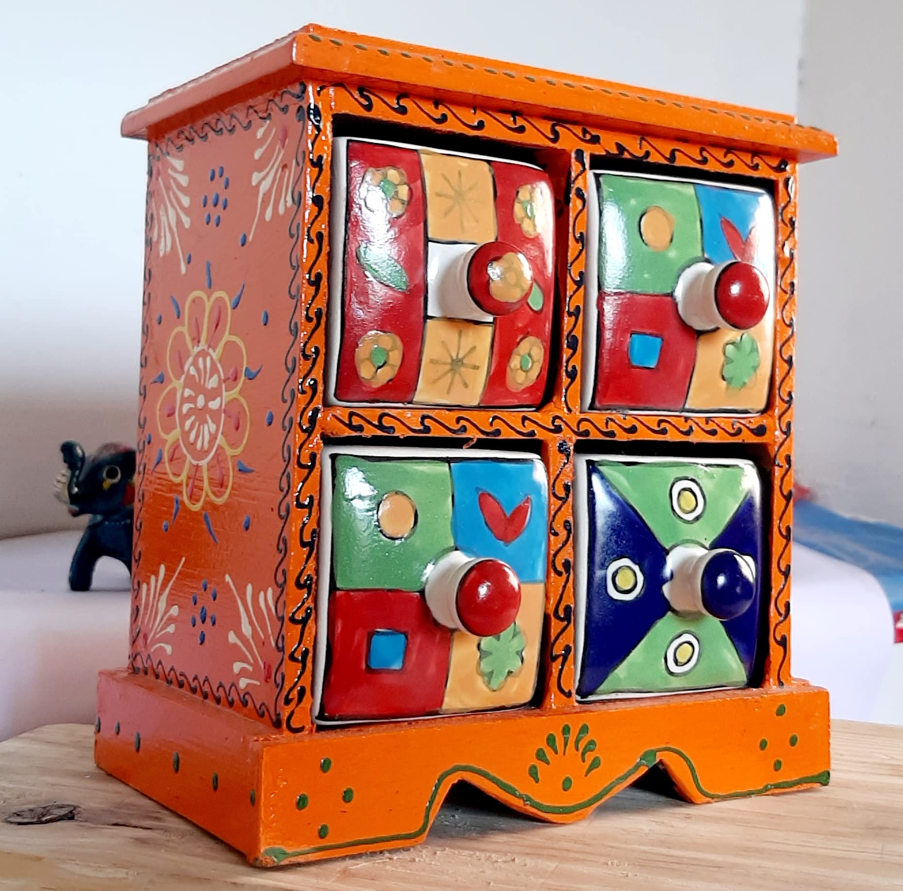 MARWAL HANDICRAFTS Hand-Painted Wooden Mini Drawers, Decorative Storage Wooden Drawer Chest With Ceramic Drawers Multi Drawers Hand art Work Jewelry Organizer, Ceramic & Wood Cabinet (Orange)