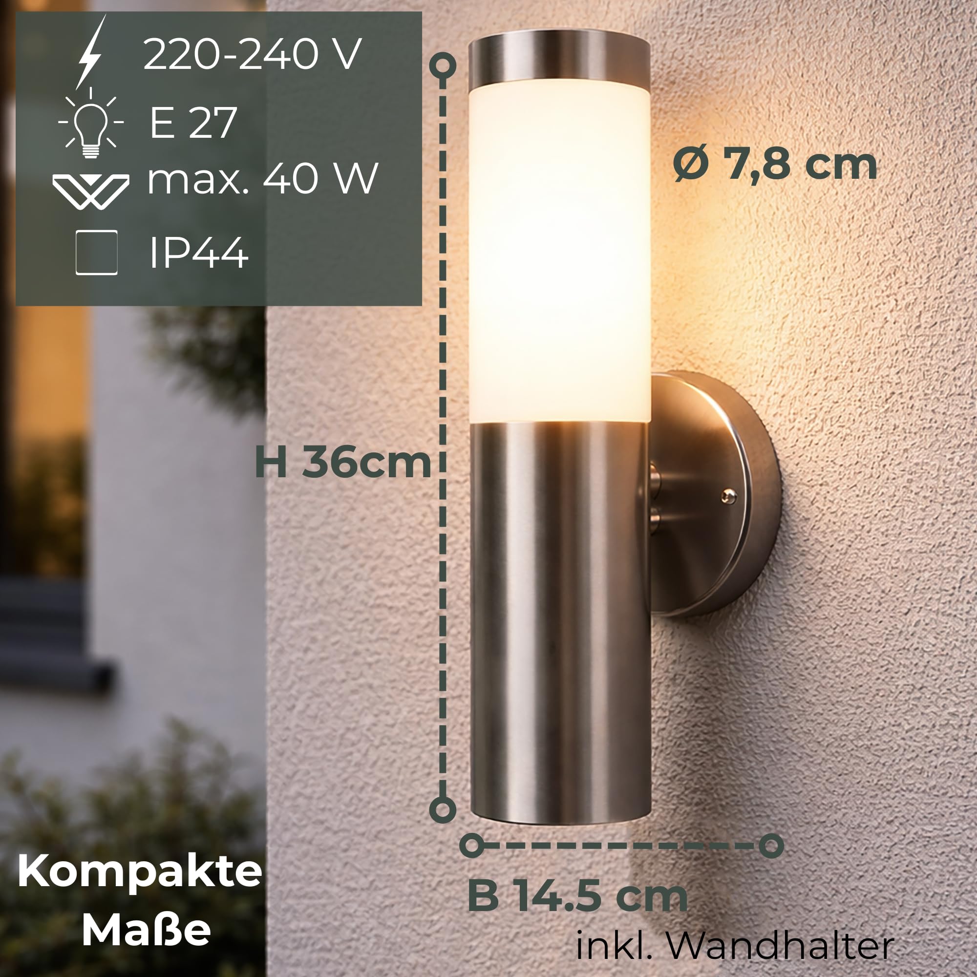 Novatool 4x Außenleuchten Edelstahl IP44 I E27 Sockel I 7,8x14,5x36 cm I Außenlampe für Terasse Aussenleuchten Haus Wandleuchte Aussenbeleuchtung Lampen Außenbereich Außenlicht Outside lights