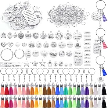 350Pcs Motivational Keychain Accessories Set with 50 Engraved Inspirational Words Charms, 50 Leather Keychain Tassels, 50 Keyring with Chain, 200 Open Jump Rings for DIY Crafting
