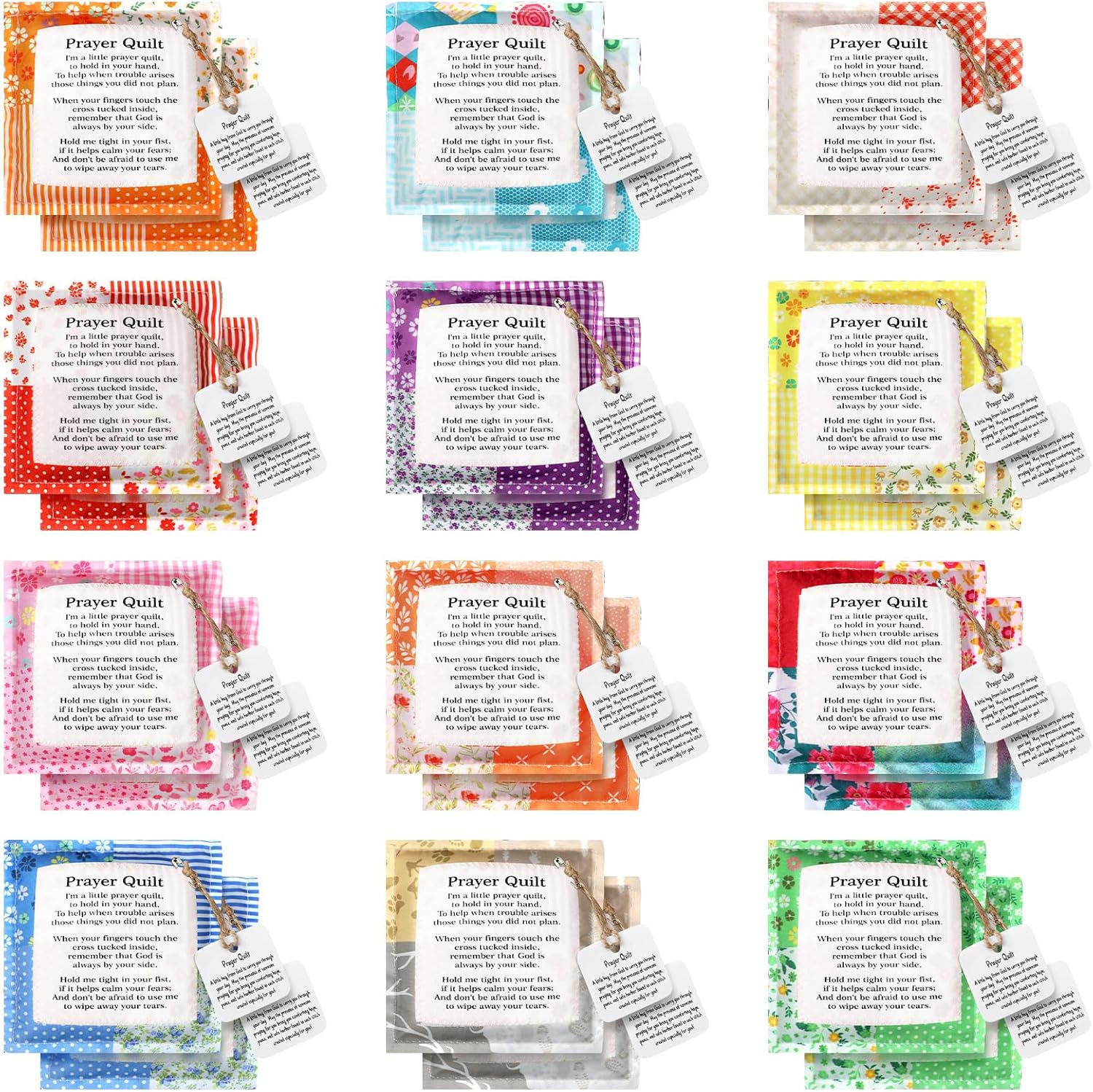 24 Pack Prayer Quilt Gifts Inspirational Christian Prayer Quilt with Cross Inside Mini Sympathy Healing Cloth Square for Cancer Patients Women Holiday Easter Egg Stuffers Scripture (Fantasy)