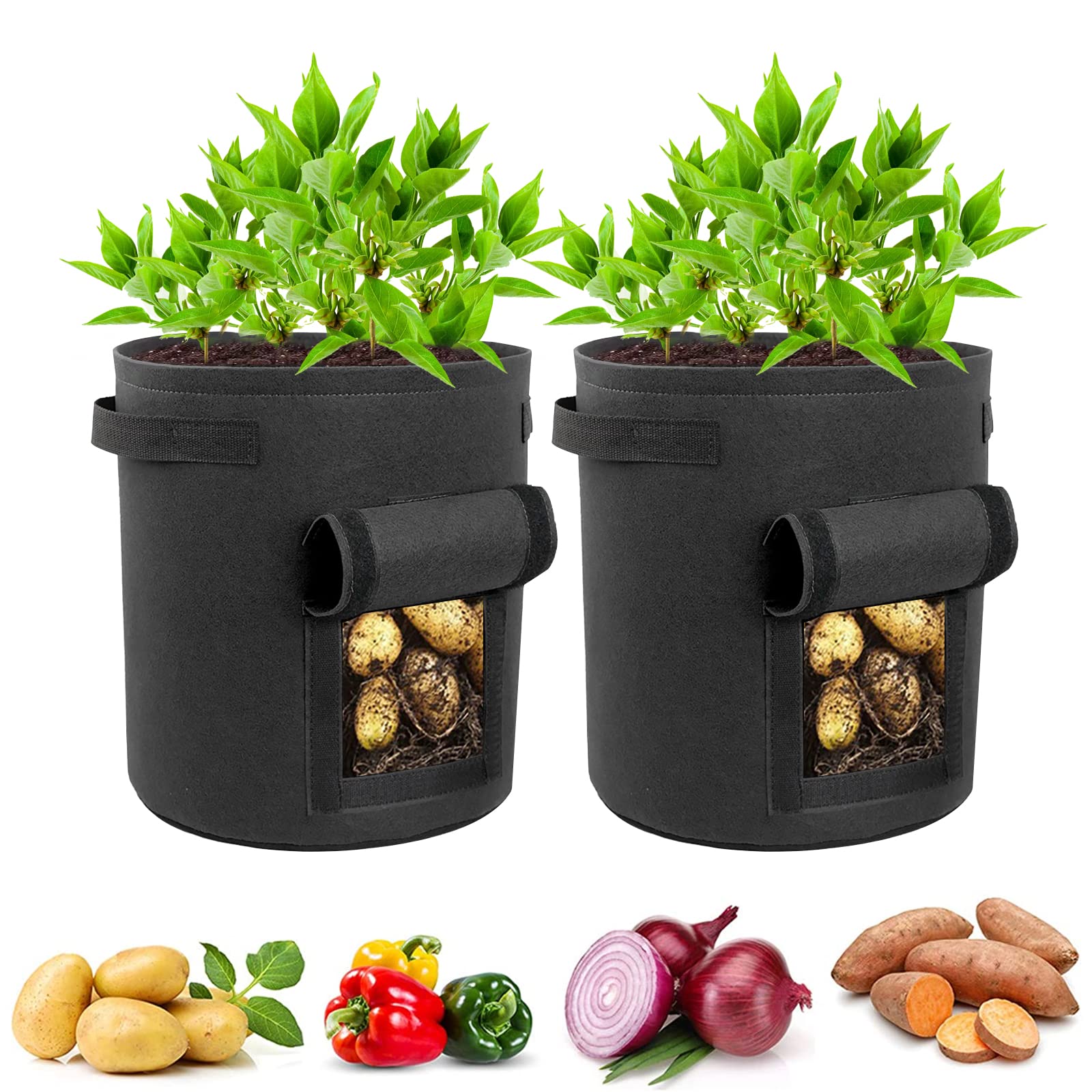 NICOKI Potato Grow Bags with Flap 15 Gallon, 2 Pack Planter Pot with Handles and Harvest Window for Potato Tomato and Vegetables, Black