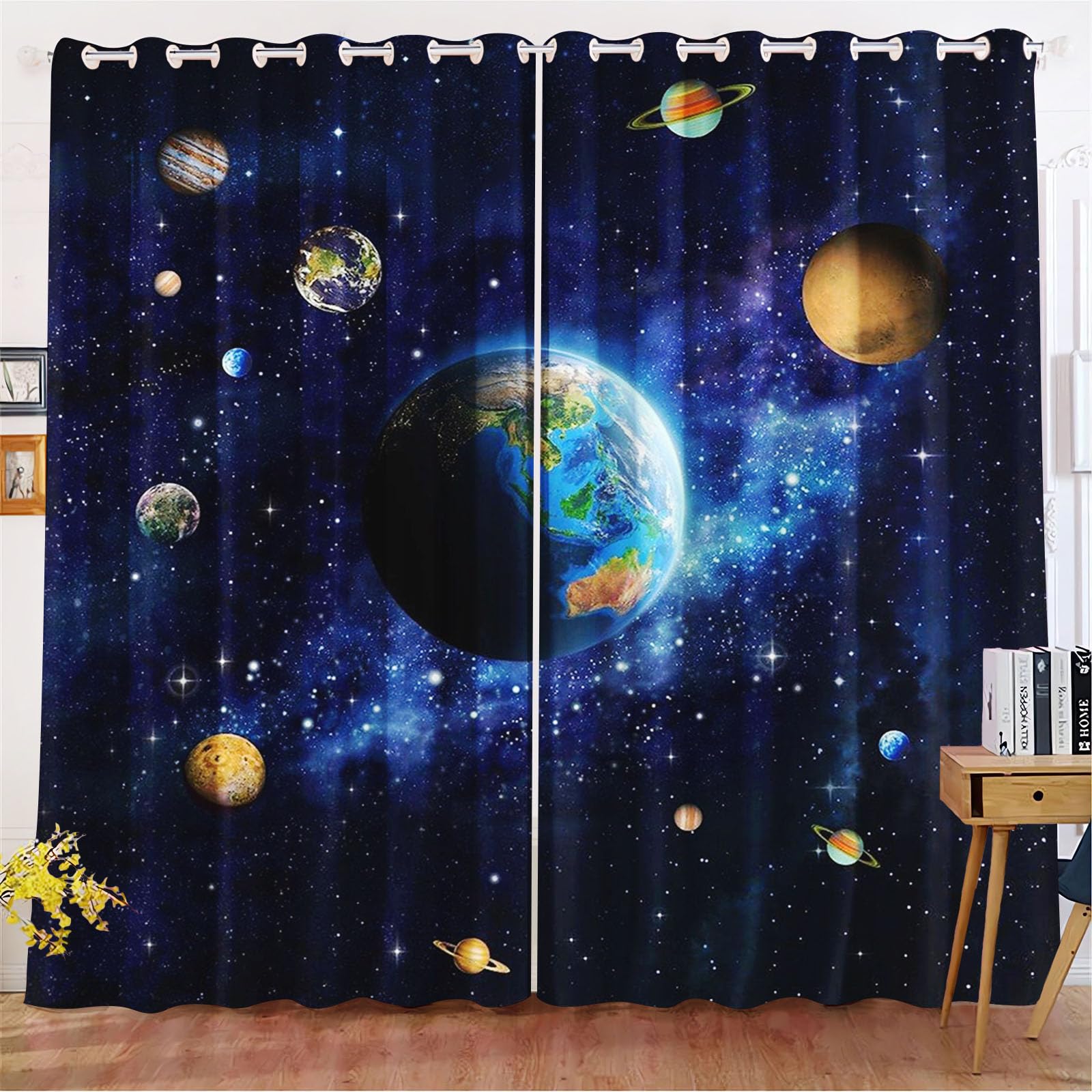 Rideaux occultants espace etoiles motif planetes avec oeillets grand format 245cm