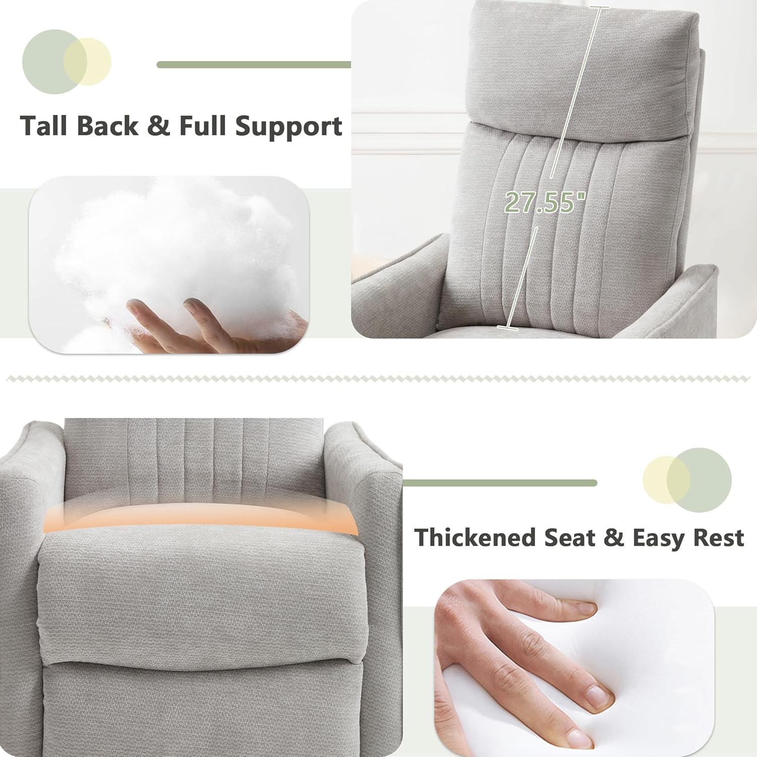 cinkehome Heated Massage Swivel Rocker Recliner Chair Nursery - Small Space Reclining Chair with Lumbar Support, 360° Swivel & Gentle Rocking, Ergonomic High Back Chenille Fabric Beige