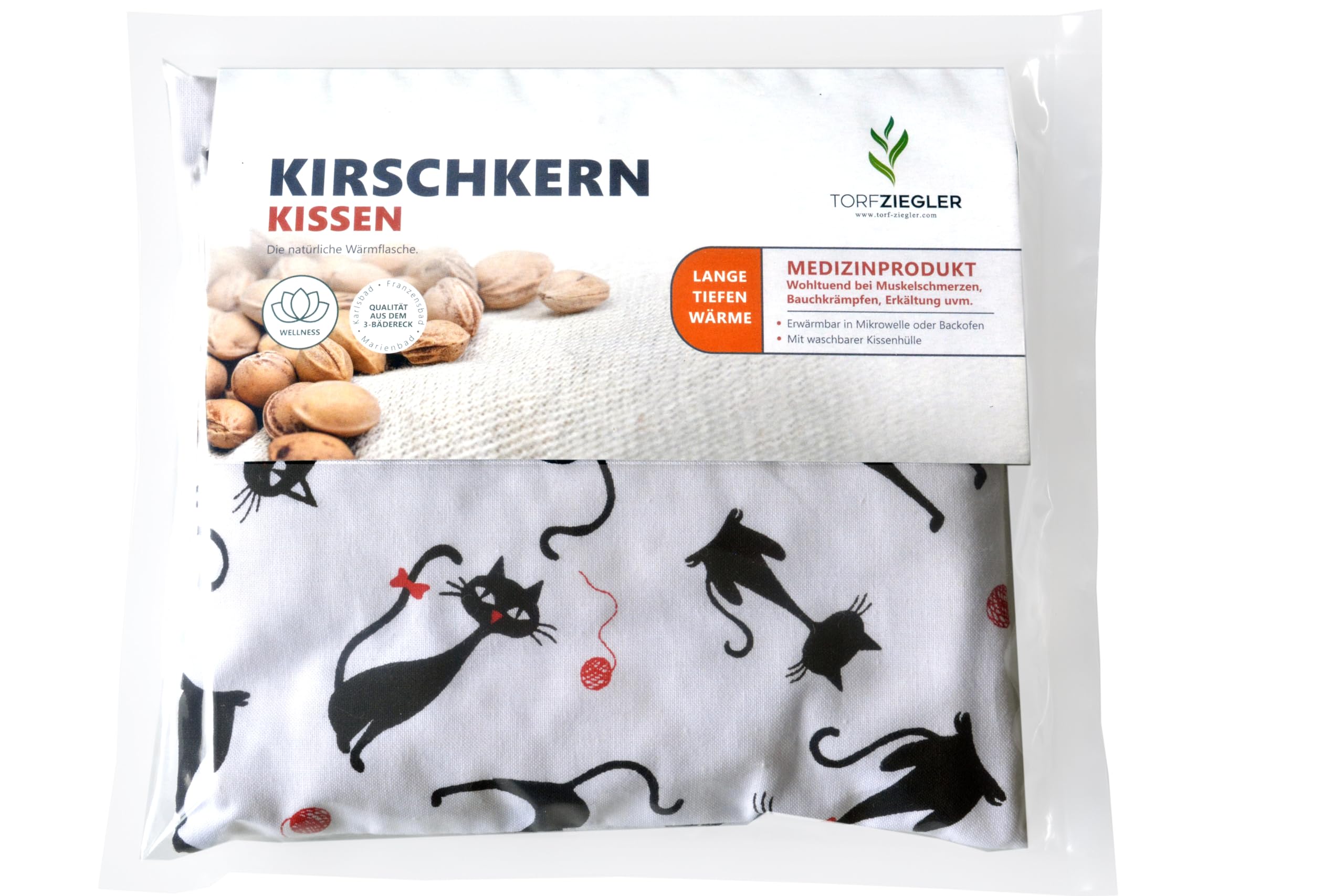 Cuscino termico ai noccioli di ciliegia 19×18 cm – dispositivo medico di classe I CE in cotone, applicazione caldo e freddo, bianco con motivo di gatti