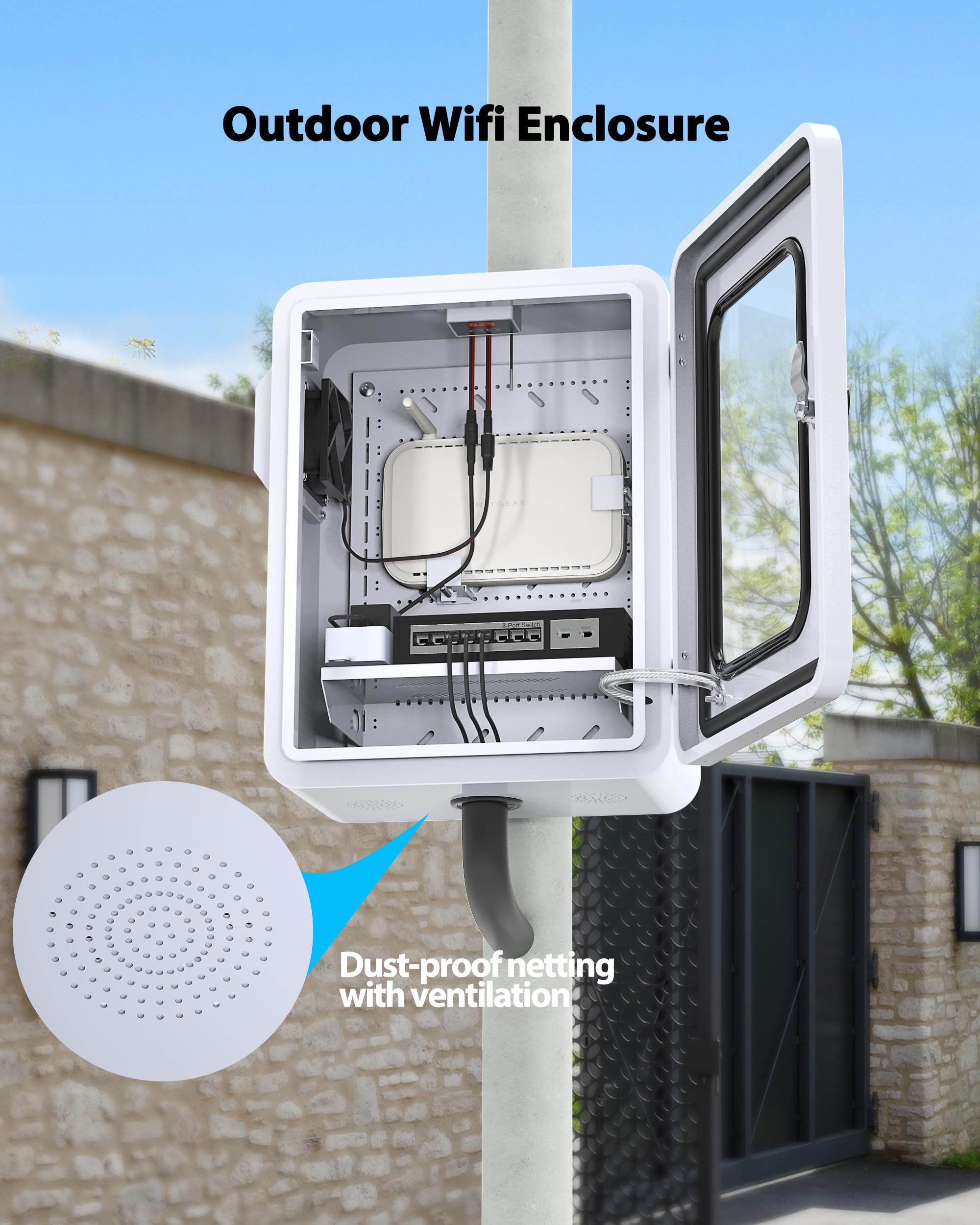 Caja eléctrica para exteriores con ventana transparente, termostato y ventilador, control preciso de temperatura de -17.7 °C, clasificación IP65 resistente al agua, acero galvanizado, haz