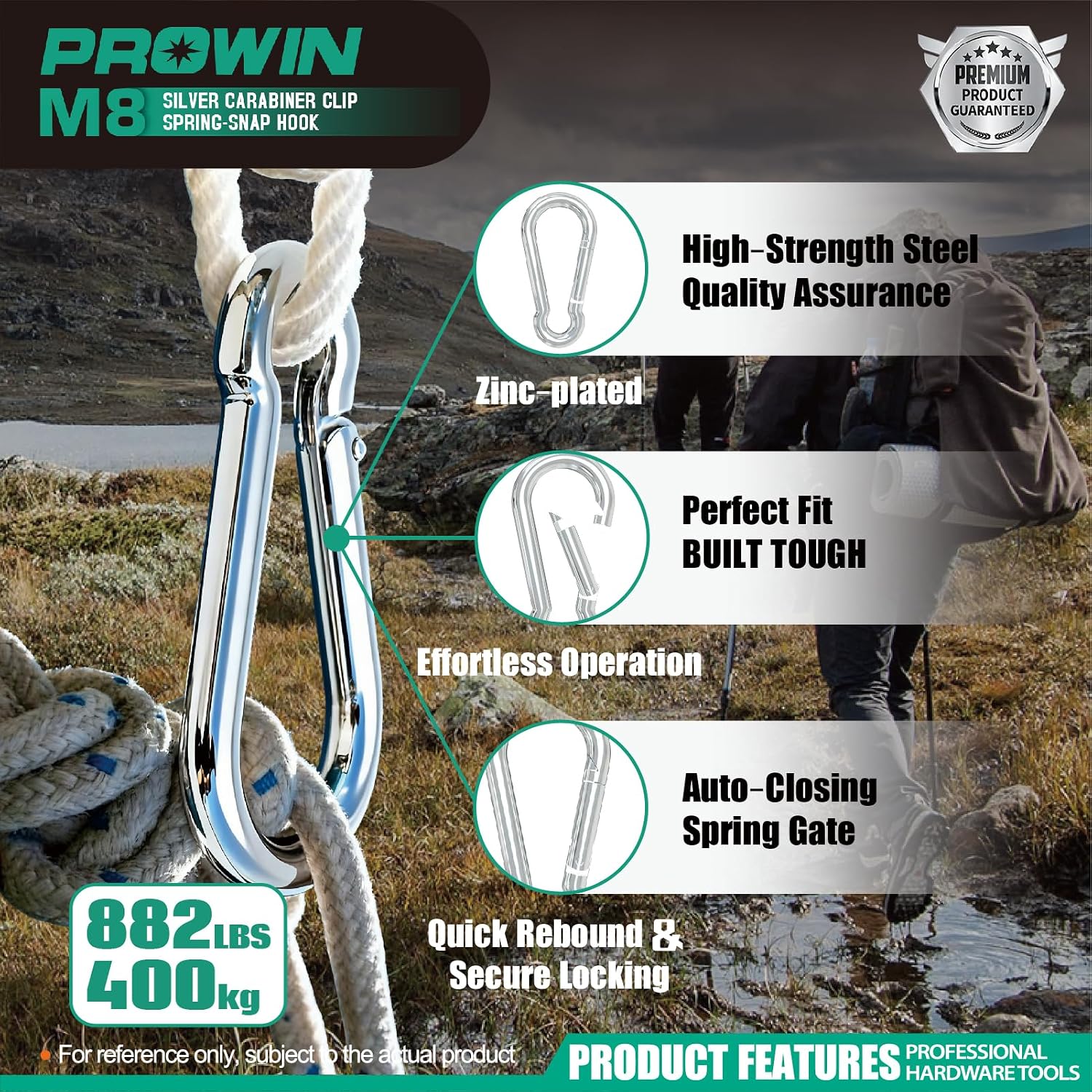 Prowin 100pcs M8 Heavy Duty Carabiner Clips, 882 lbs Capacity Spring Snap Hook, 3.15 Inch Galvanized Steel Quick Link for Hiking, Camping, Hammock, Pet Leash, Outdoor Gear