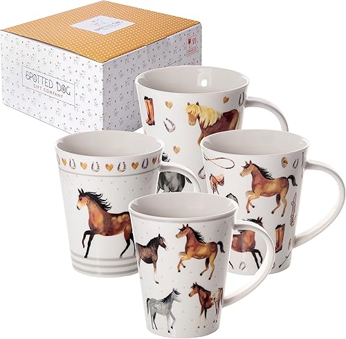 SPOTTED DOG GIFT COMPANY Juego de 4 tazas de café de caballo, tazas de cerámica de porcelana de 12 onzas, regalos para amantes de los caballos para