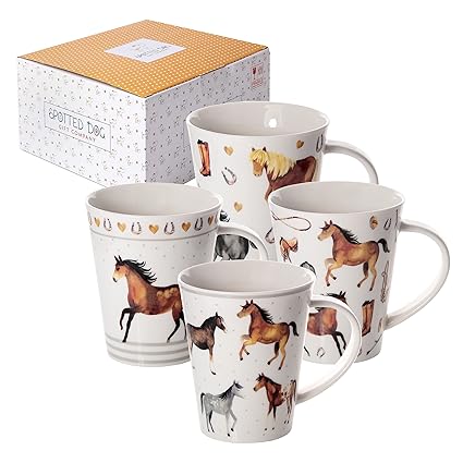 Tea Mug for Women, Men & Kids - Ceramic Coffee Mug Set of 4 - Unique Horse Gifts - Ideal Gift for Horse Lovers - Dishwasher & Microwave Safe, 360ml / 12.2oz, 4 pieces (Horses, Multicolor)
