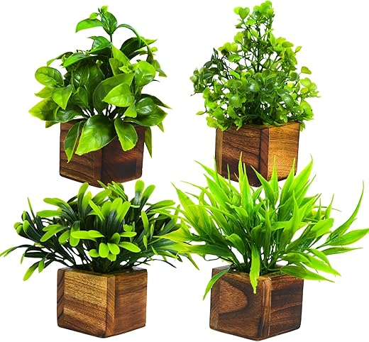 DecoreBugs Plastic Potted Artificial Plant In Wooden Pot (4 Pack) Eucalyptus Plants Small Plants For Home Decor|Office Decor|Db-8149