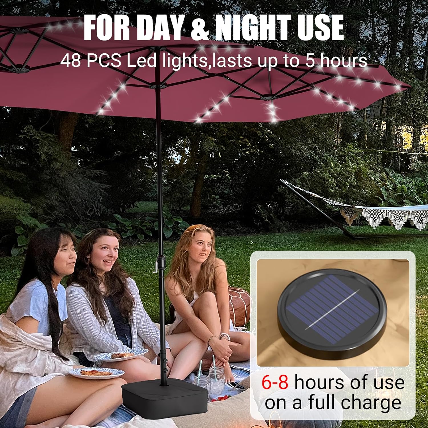 LEVELEVE 15FT Rectangle Patio Umbrella with Base & Solar LED Lights - Double-Sided
