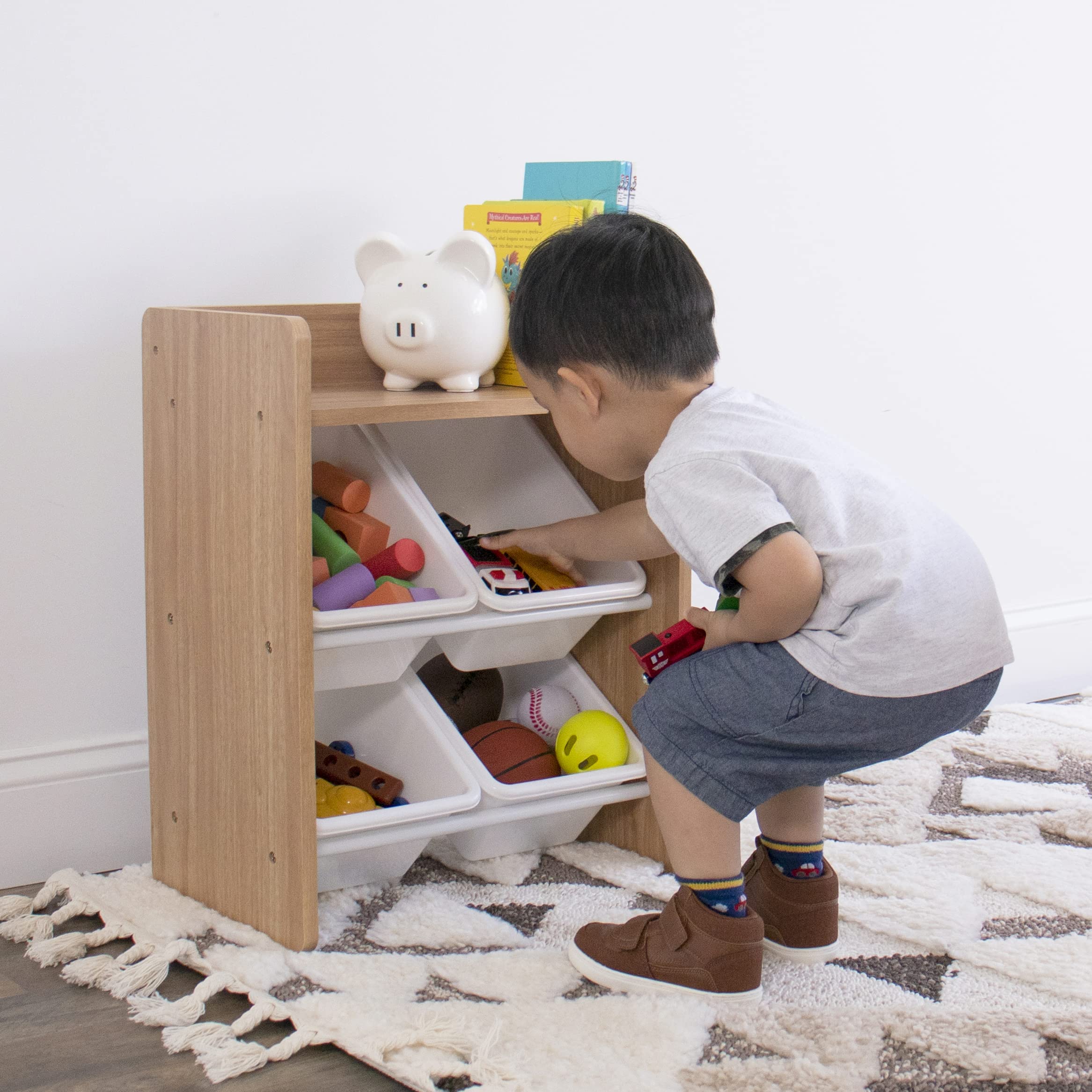 HumbleCrew Scaffale Bambini Compatto: Organizer Giocattoli con 4 Contenitori, Design Naturale/Bianco Elegante, Ideale per Camerette Stile e Ordinate