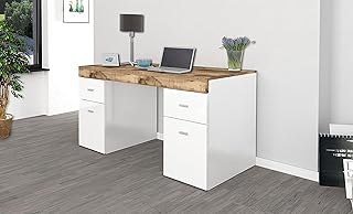 Dmora Scrivania per Ufficio e Studio con cassettiera e Piano Contenitore, Made in Italy, Tavolo Minimal, Scrittoio Porta PC, cm 130x60h75, Colore Pero, Bianco Lucido e Acero, Big
