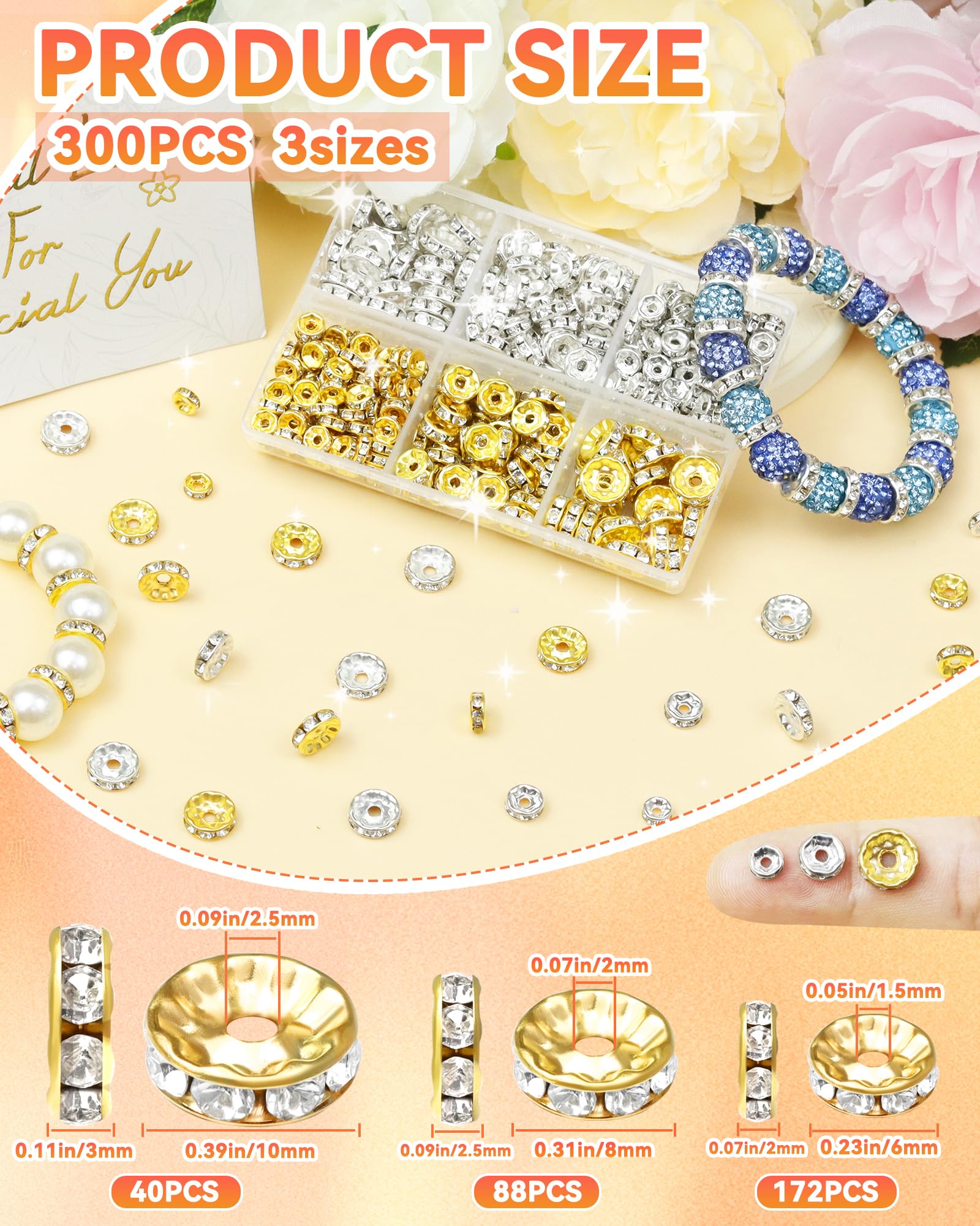 300 cuentas espaciadoras de diamantes de imitación FIVEIZERO para hacer joyas, cuentas de 6 mm, 8 mm, 10 mm con agujeros, cuentas redondas doradas y plateadas para bolígrafos de cuentas, proyectos de