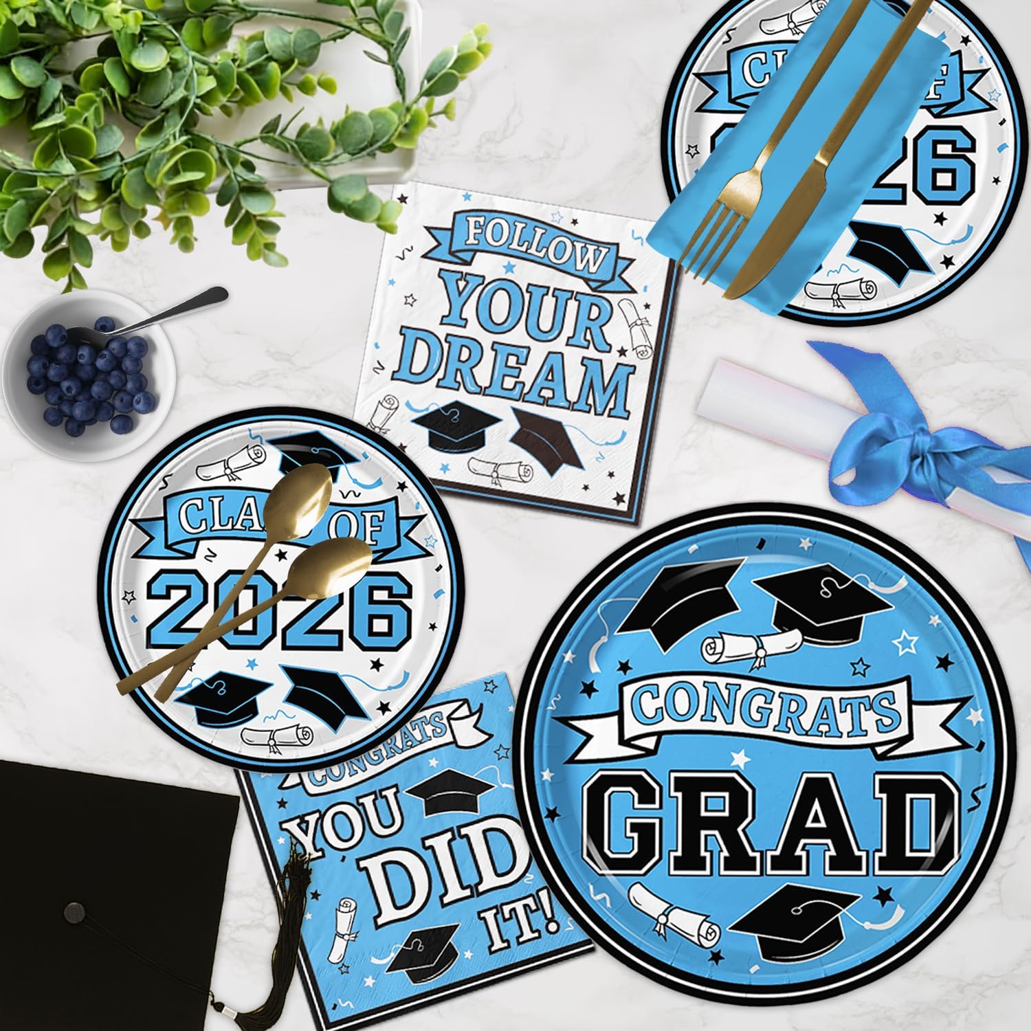 Graduation Plates and Napkins 2026, Congrats Grad Disposable Dinner & Dessert Paper Plates, and Napkins for Sky Blue Graduation Party Decoration, Serves 50