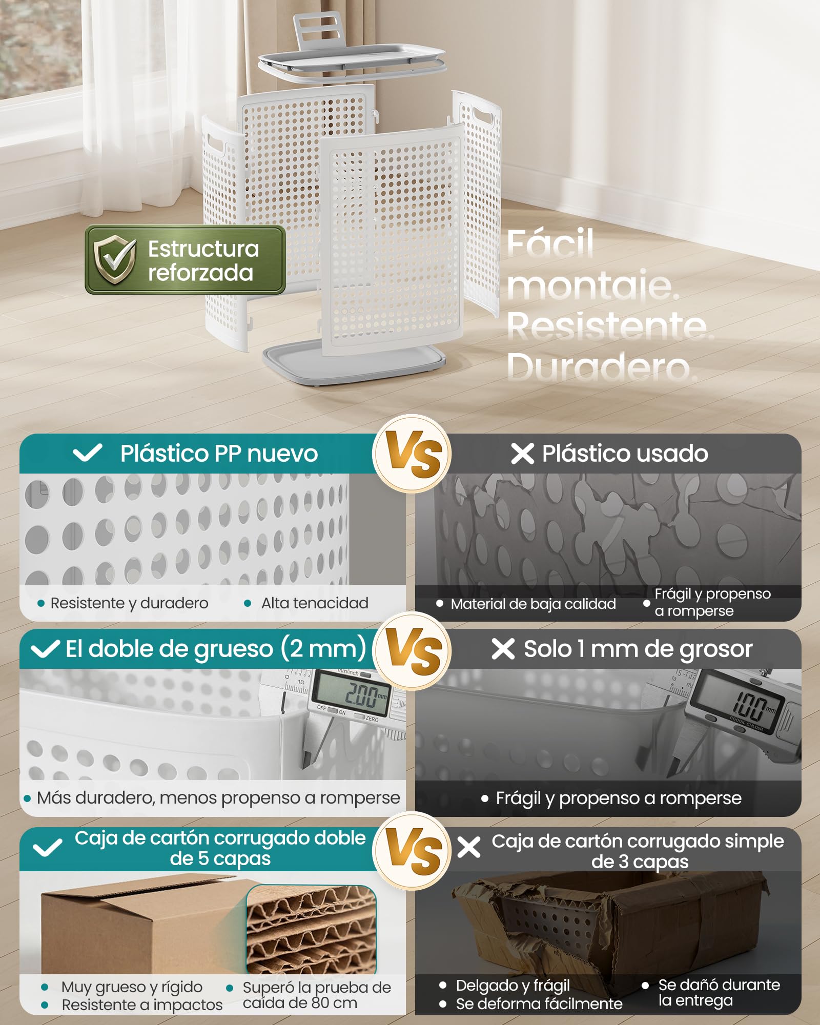 SONGMICS Cesto de Ropa con Tapa 75 L Plástico Blanco y Gris RLH021WG01