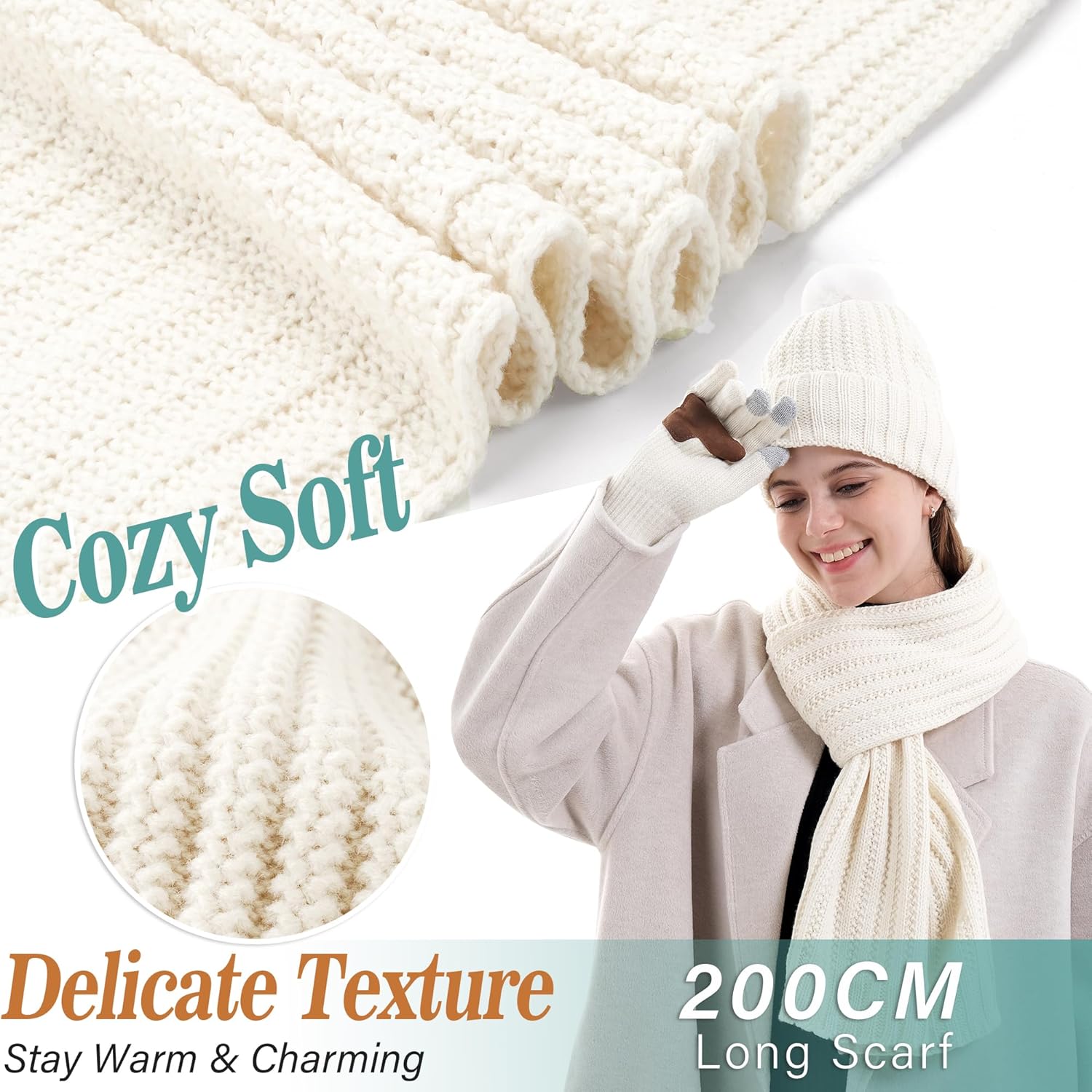 Womens Winter Warm Beanie Hat Long Neck Scarf Touchscreen Gloves Set Knit Skull Caps Pompom Fleece Gifts - Image 3