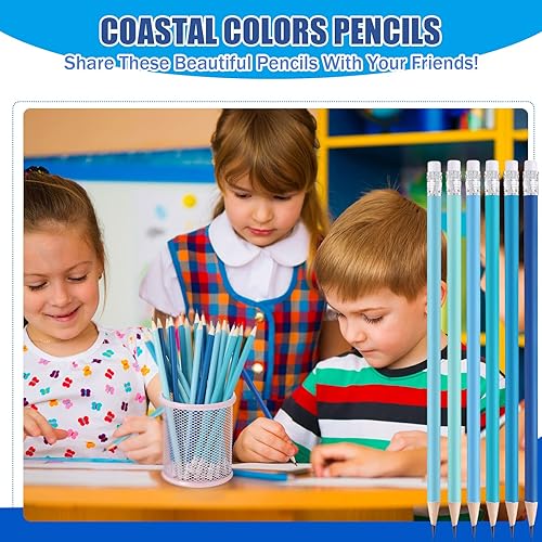 Miniatura 6 de CHENGU 24 lápices azules para niños, paquete de lápices de madera borrables, bonito material escolar para niños con borrador superior, kit de madera