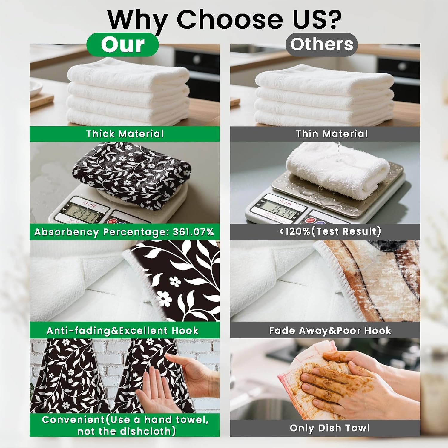 CUTHOLLOW 2 Pcs Black and White Flowers Hanging Kitchen Towels with Loop | Soft Microfiber Decorative Funny Hanging Dish Towels, Tea Coffee Towel for Kitchen Bathroom Oven Handle for Kitchen Daily Use