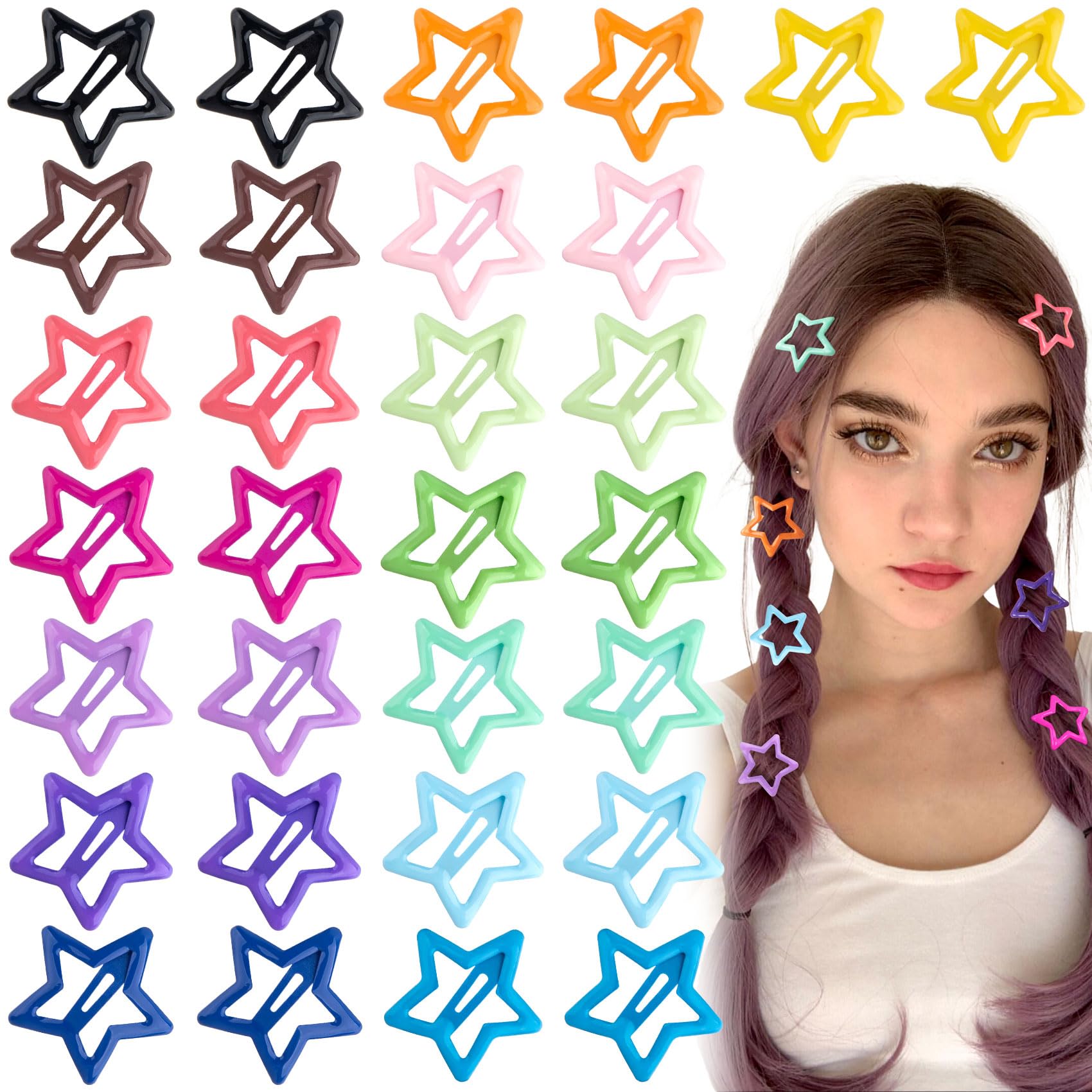 Joez Wonderful 30 Pcs Multicolor Star Hair Clips, 1.18"/3cm Metal Snap Hair Barrettes, Non-Slip Fashion Star Hair Accessories for Women & Girls (15 Colors)