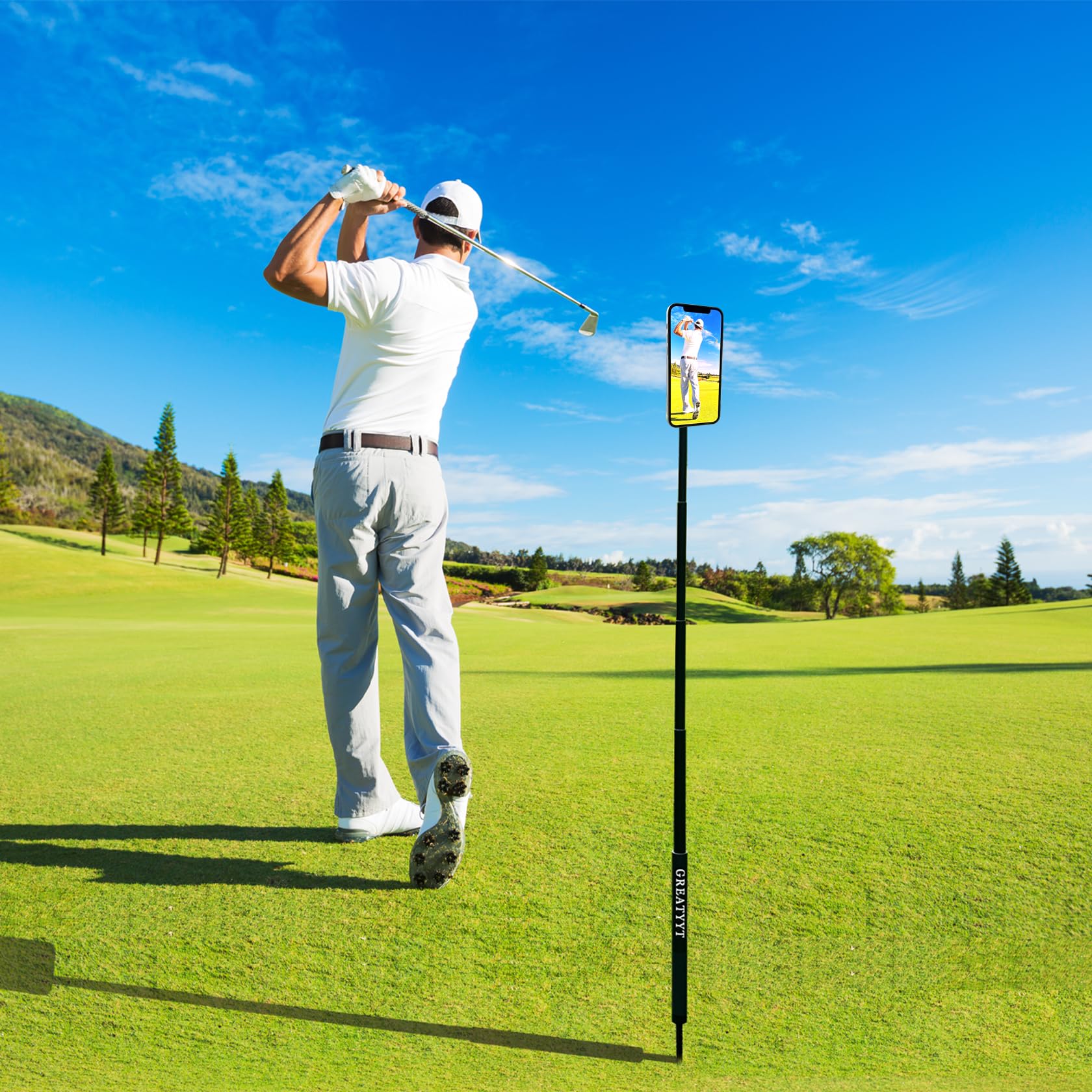 Perche à selfie monopode et trépied pour enregistrer le swing de golf – Support de téléphone multifonction avec support magnétique et support de téléphone – Aide à l'entraînement au golf