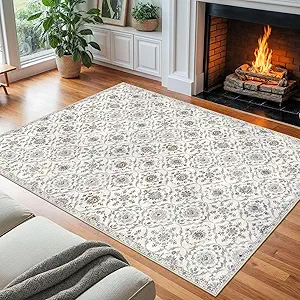 KILOCOCO 8x10 Area Rug, Moroccan Super Soft Washable Living Room Vintage Floral Rug, Non-Slip Large Print Faux Wool Throw Indoor Rug for Playroom Bedroom Office Carpet, Cream Beige Grey