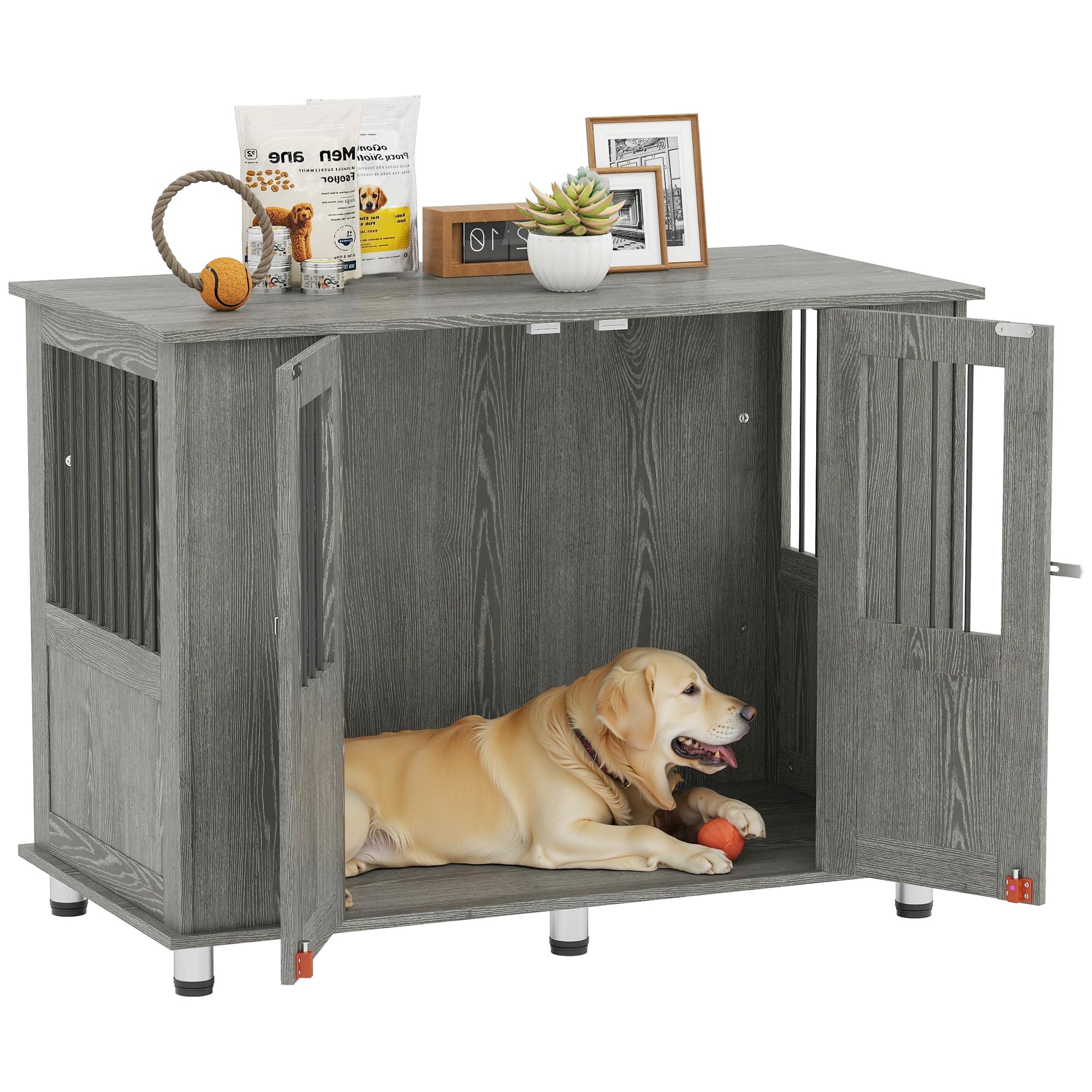 PawHut Jaula para Perros Grandes Desmontable 2 en 1 Mesa Auxiliar con 2 Puertas con Pestillo 4 Ventanas y Patas Ajustables 114x60x82 cm Gris