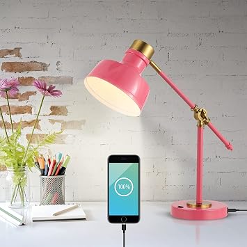 JONATHAN Y Allegra Metal Task Desk Lamp USB Port 18.5, Pink/Brass Gold | Adjustable Cantilever, Vintage Farmhouse Style, Home Office Reading Light, LED Bulb Included