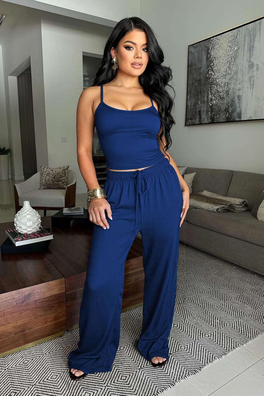 Mrskoala Womens Summer Casual Sets Loose Two Piece Outfits Spaghetti Strap Top and Wide Leg Pants Set - Image 3