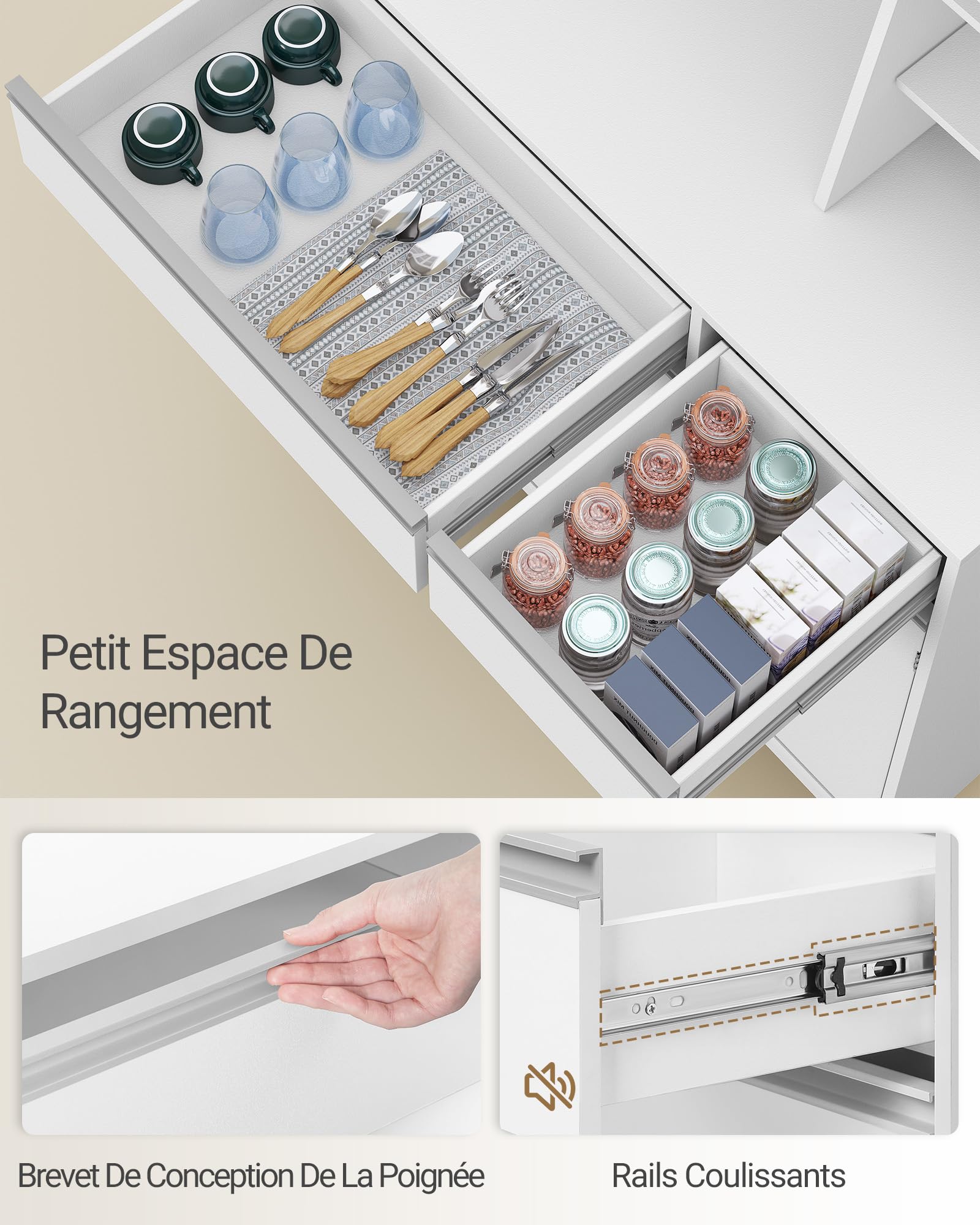 Hzuaneri Armoires Cuisine, Buffet, Haut Vaisselier avec Prises Électriques LED, avec Plans de Travail et Deux Tiroirs, Étagères Réglables, Cuisine, Salon, 40 x 100 x 180 cm, Blanc, PT00103XEU