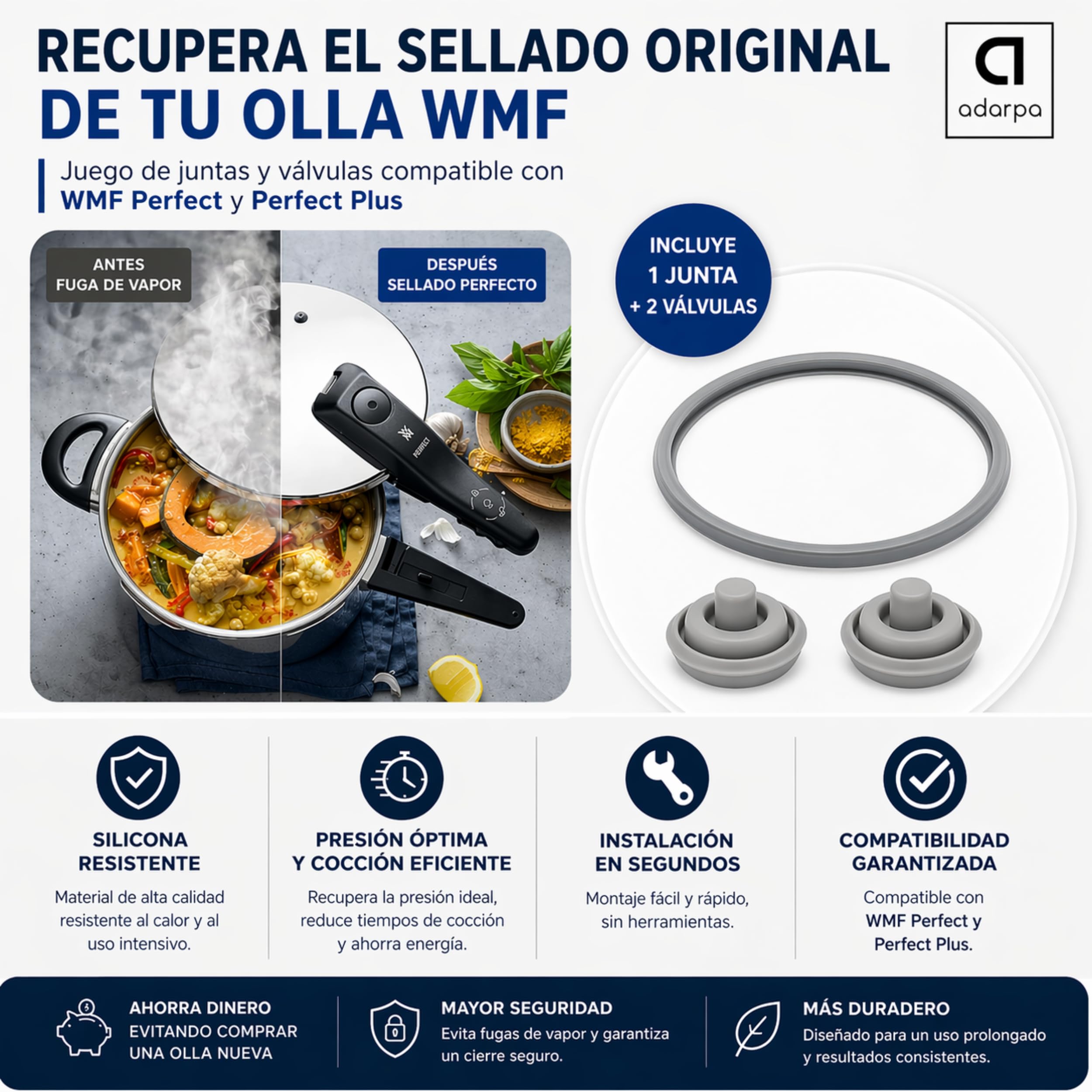 Repuestos para Olla a Presión WMF Perfect Plus y Perfect – Juntas de Sellado Ø22 cm, 2x Válvula, Compatible 2,5L-8,5L