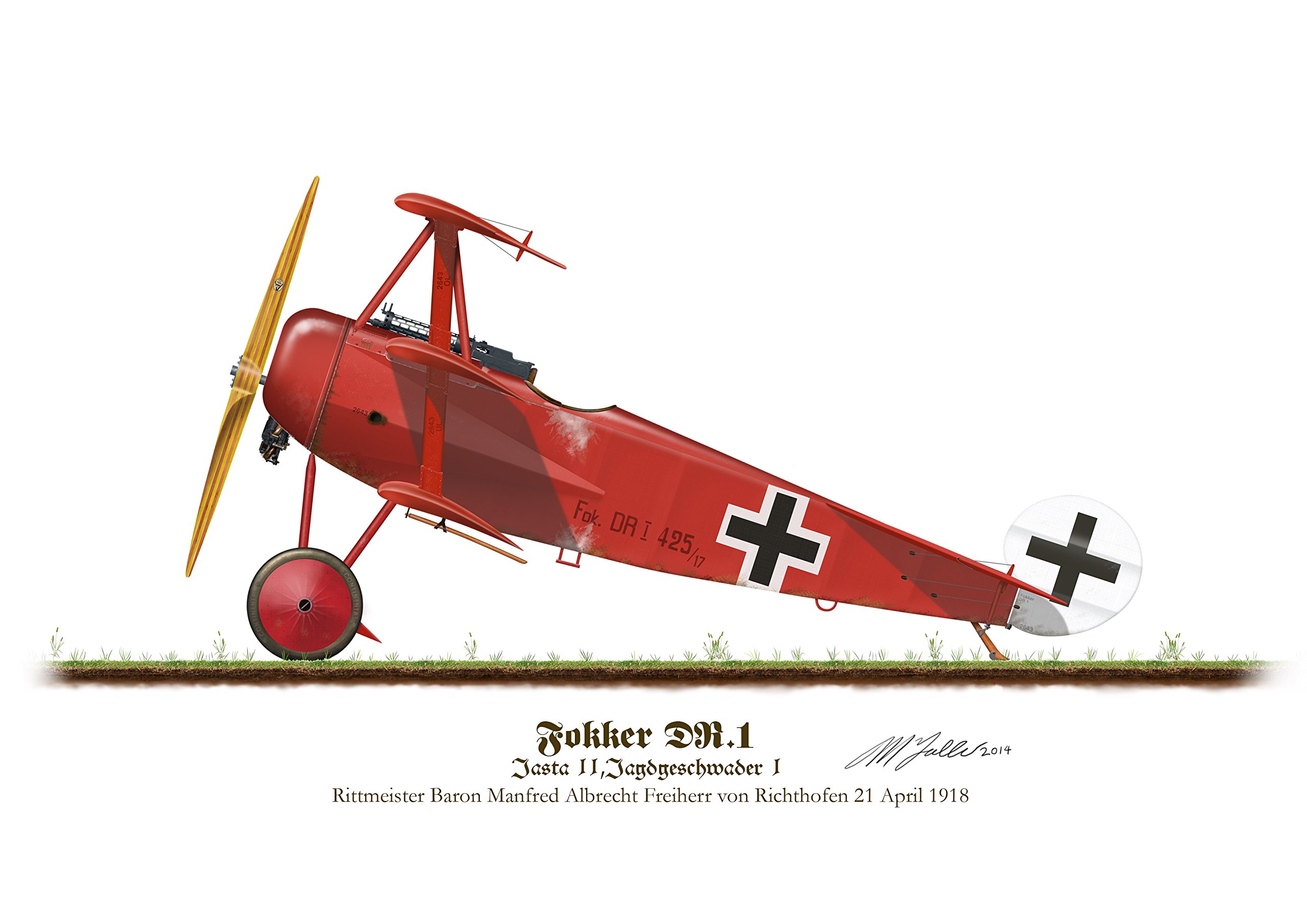 Profile Artwork, Fokker DR1 Triplane Vintage German Aircraft 1918 Manfred von Richthofen The Red Baron A4 Glossy Photo Print First World War WW1 Signed