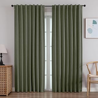 Faux Linen Blackout Curtains 84 Inches Long, Bedroom, Olive Green