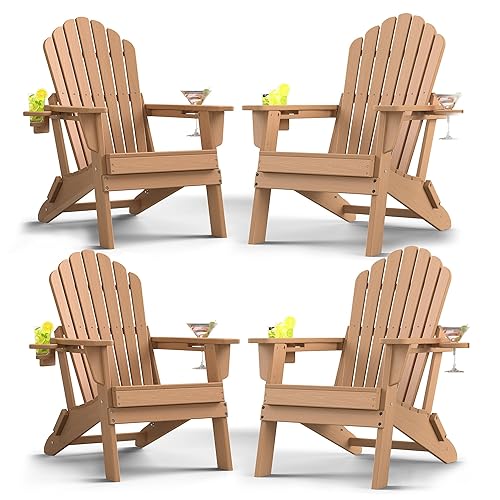 Folding Adirondack Chairs Set of 4 with Double Cup Holders,